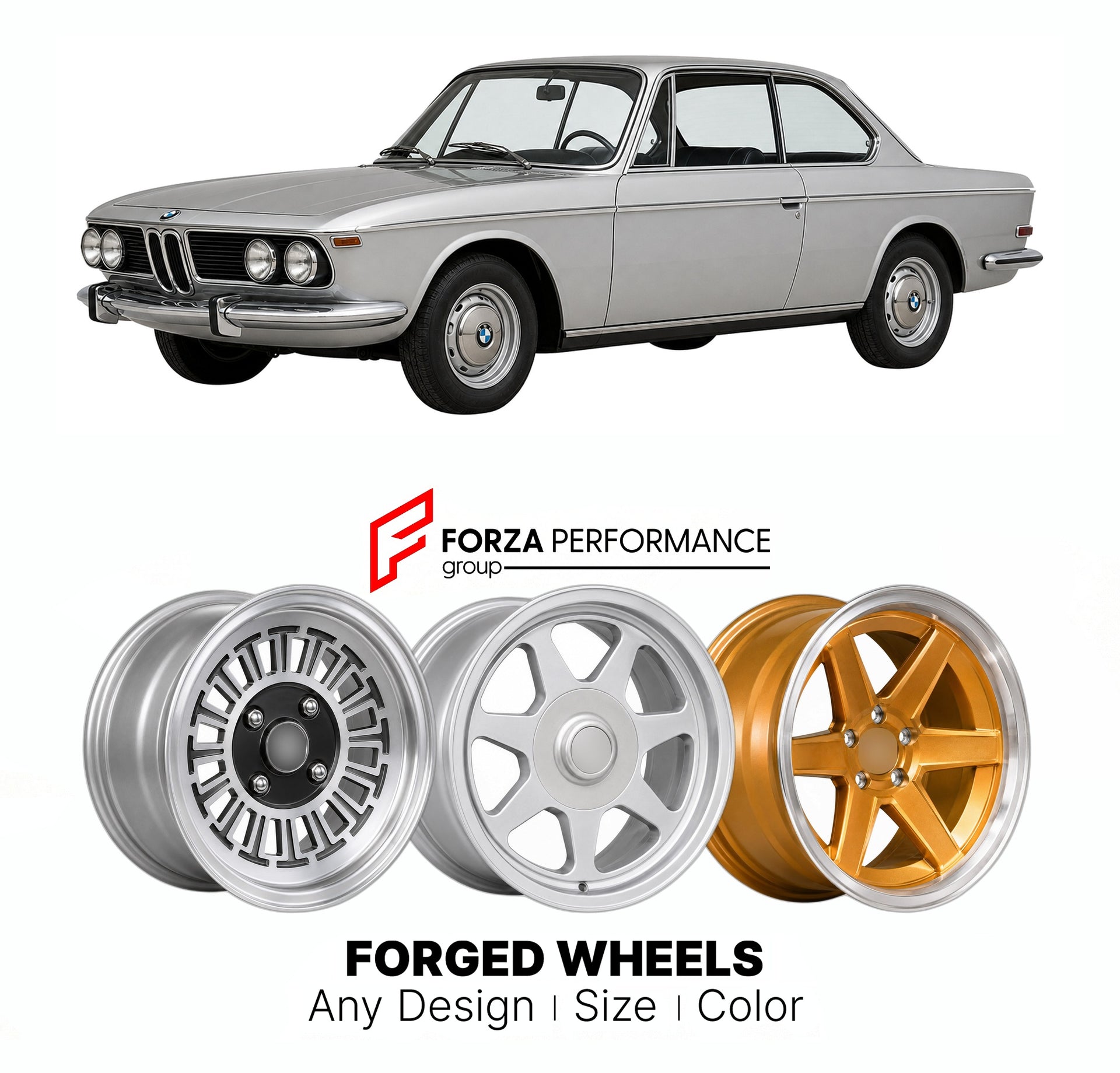 CUSTOM CLASSIC VINTAGE RESTOMOD RETRO OLD SCHOOL FORGED WHEELS RIMS for BMW 2000 C CS NEW CLASS COUPE 1965 - 1969

Custom forged wheels for BMW 2000 C CS New Class Coupe 1965 - 1969. Classic, vintage, restomod wheel designs made to order in custom sizes, offsets, colors and finishes.

We manufacture premium quality forged wheels rims for BMW 2000 C CS New Class Coupe 1965 - 1969 in any design, size, color.

THIS WHEEL DESIGN CAN BE CUSTOM-MADE FOR YOUR CAR IN ANY SIZE AND COLOR OPTIONS
Available in monobloc