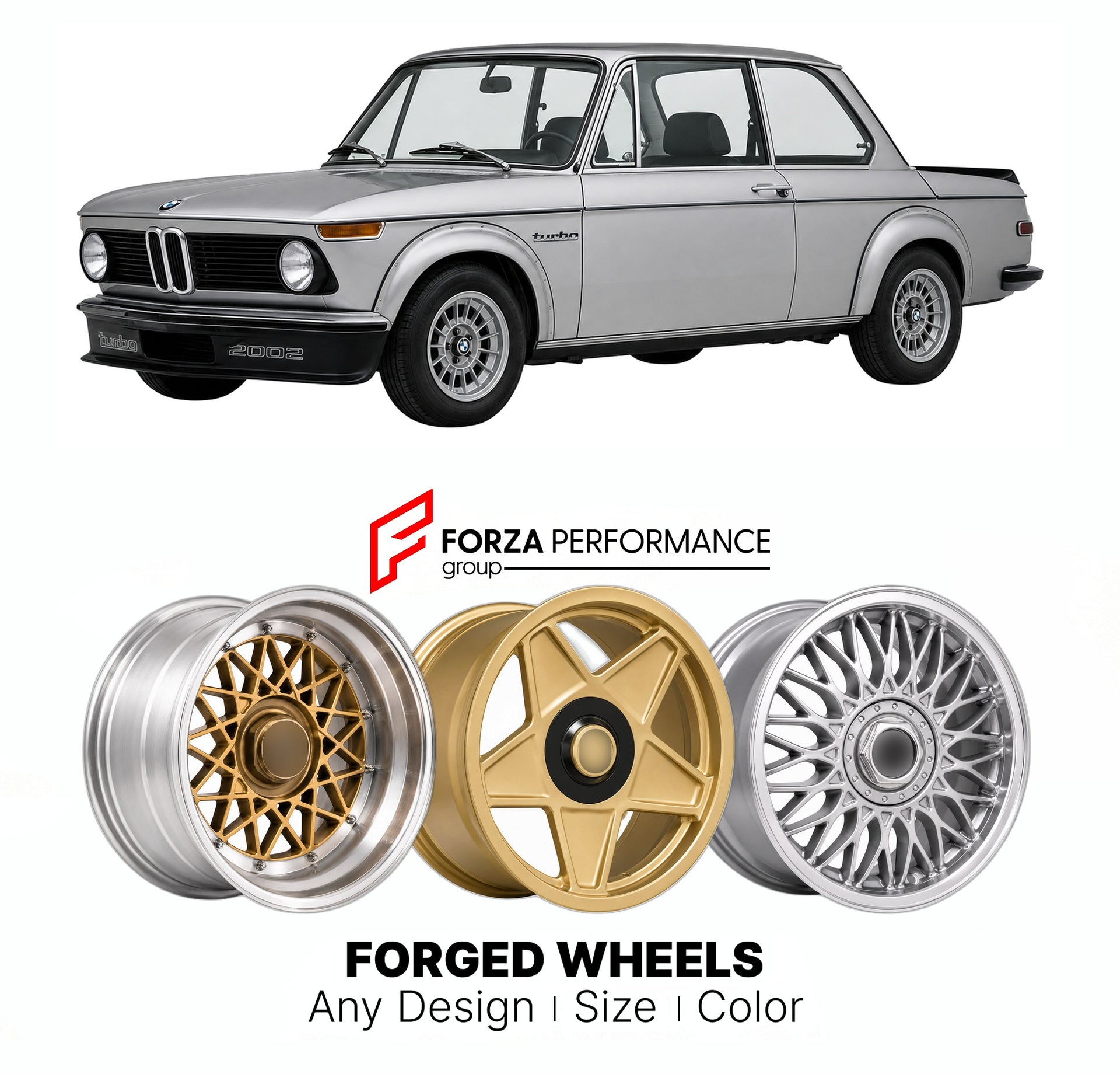 CUSTOM CLASSIC VINTAGE RESTOMOD RETRO OLD SCHOOL FORGED WHEELS RIMS for BMW 2002 TURBO E20 1973 - 1975

Custom forged wheels for BMW 2002 Turbo E20 1973 - 1975. Classic, vintage, restomod wheel designs made to order in custom sizes, offsets, colors and finishes.

We manufacture premium quality forged wheels rims for BMW 2002 Turbo E20 1973 - 1975 in any design, size, color.

THIS WHEEL DESIGN CAN BE CUSTOM-MADE FOR YOUR CAR IN ANY SIZE AND COLOR OPTIONS
Available in monoblock, 2-piece, 3-piece, duoblock, be