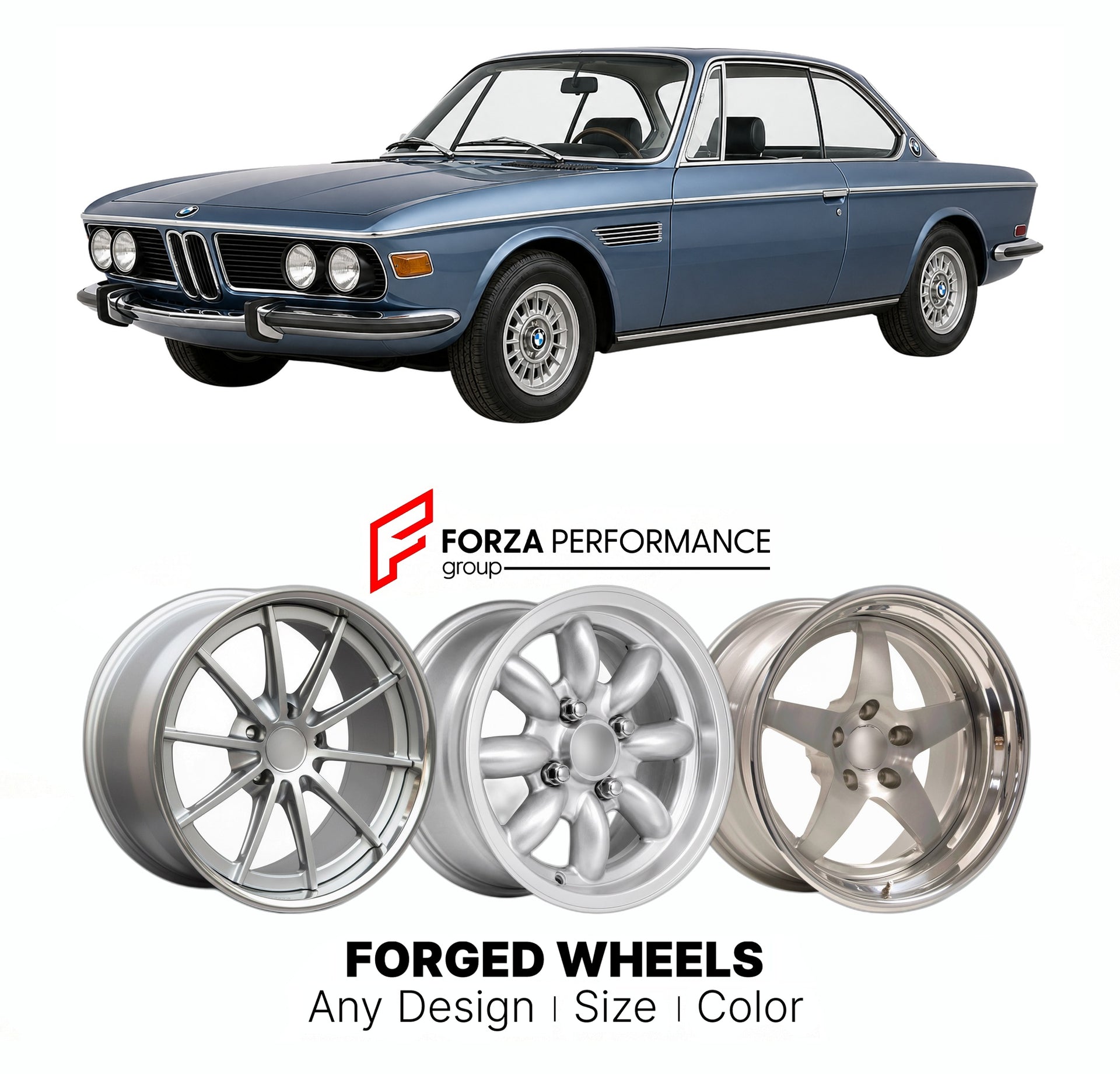 CUSTOM CLASSIC VINTAGE RESTOMOD RETRO OLD SCHOOL FORGED WHEELS RIMS for BMW 3.0 CS CSI CSL E9 1968 - 1975

Custom forged wheels for BMW 3.0 CS CSi CSL E9 1968 - 1975. Classic, vintage, restomod wheel designs made to order in custom sizes, offsets, colors and finishes.

We manufacture premium quality forged wheels rims for BMW 3.0 CS CSi CSL E9 1968 - 1975 in any design, size, color.

THIS WHEEL DESIGN CAN BE CUSTOM-MADE FOR YOUR CAR IN ANY SIZE AND COLOR OPTIONS
Available in monoblock, 2-piece, 3-piece, duo