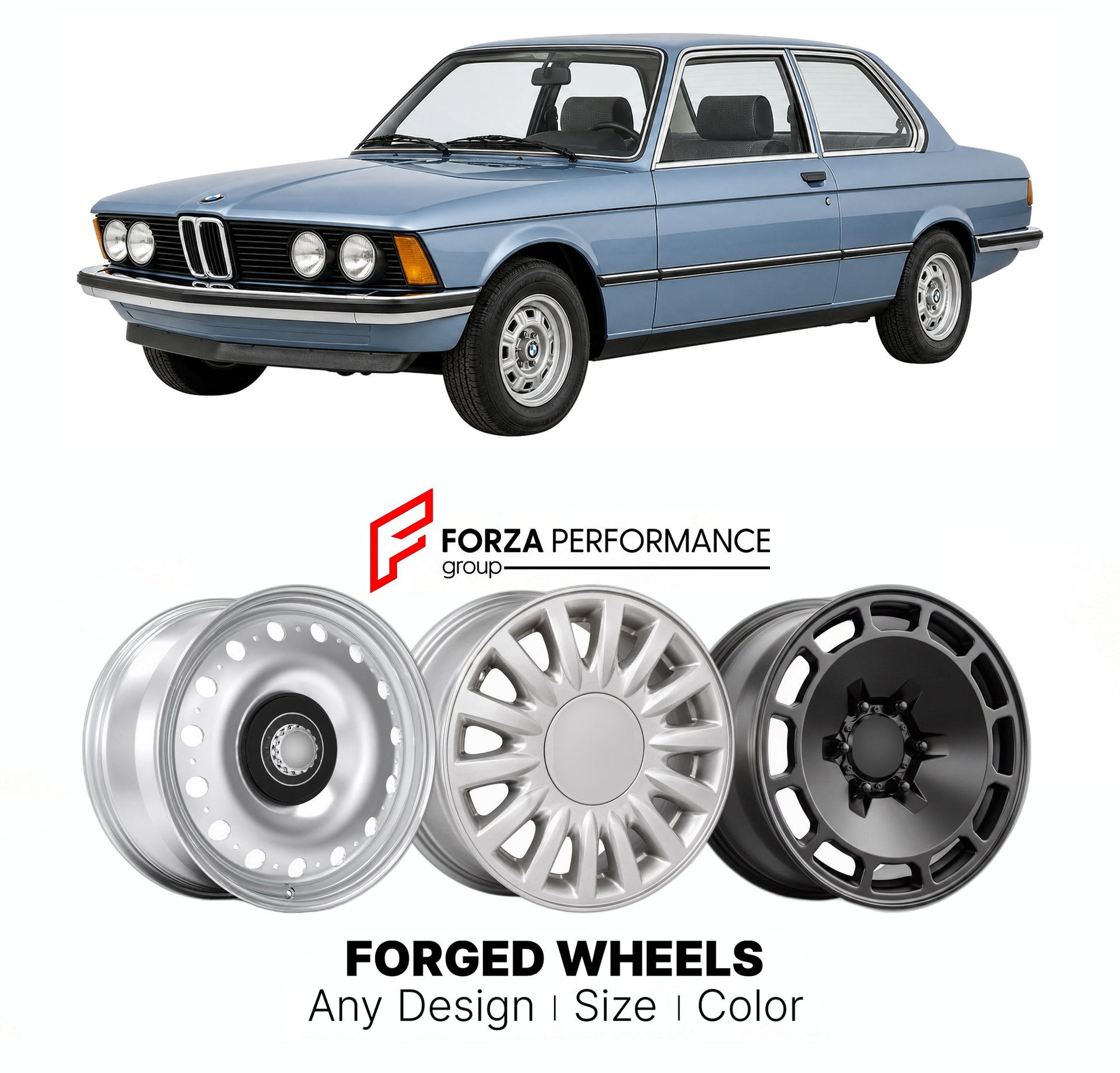 CUSTOM CLASSIC VINTAGE RESTOMOD RETRO OLD SCHOOL FORGED WHEELS RIMS for BMW 3 SERIES E21 320 320I 1975 - 1983

Custom forged wheels for BMW 3 Series E21 320 320i 1975 - 1983. Classic, vintage, restomod wheel designs made to order in custom sizes, offsets, colors and finishes.

We manufacture premium quality forged wheels rims for BMW 3 Series E21 320 320i 1975 - 1983 in any design, size, color.

THIS WHEEL DESIGN CAN BE CUSTOM-MADE FOR YOUR CAR IN ANY SIZE AND COLOR OPTIONS
Available in monoblock, 2-piece, 