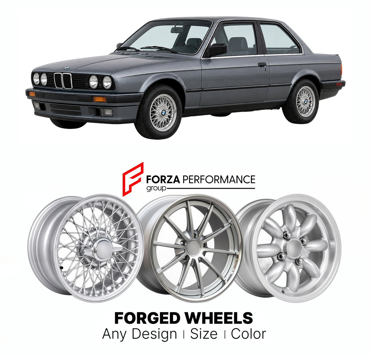 CUSTOM CLASSIC VINTAGE RESTOMOD RETRO OLD SCHOOL FORGED WHEELS RIMS for BMW 3 SERIES E30 1985 - 1993

Custom forged wheels for BMW 3 Series E30 1985 - 1993. Classic, vintage, restomod wheel designs made to order in custom sizes, offsets, colors and finishes.

We manufacture premium quality forged wheels rims for BMW 3 Series E30 1985 - 1993 in any design, size, color.

THIS WHEEL DESIGN CAN BE CUSTOM-MADE FOR YOUR CAR IN ANY SIZE AND COLOR OPTIONS
Available in monoblock, 2-piece, 3-piece, duoblock, beadlock