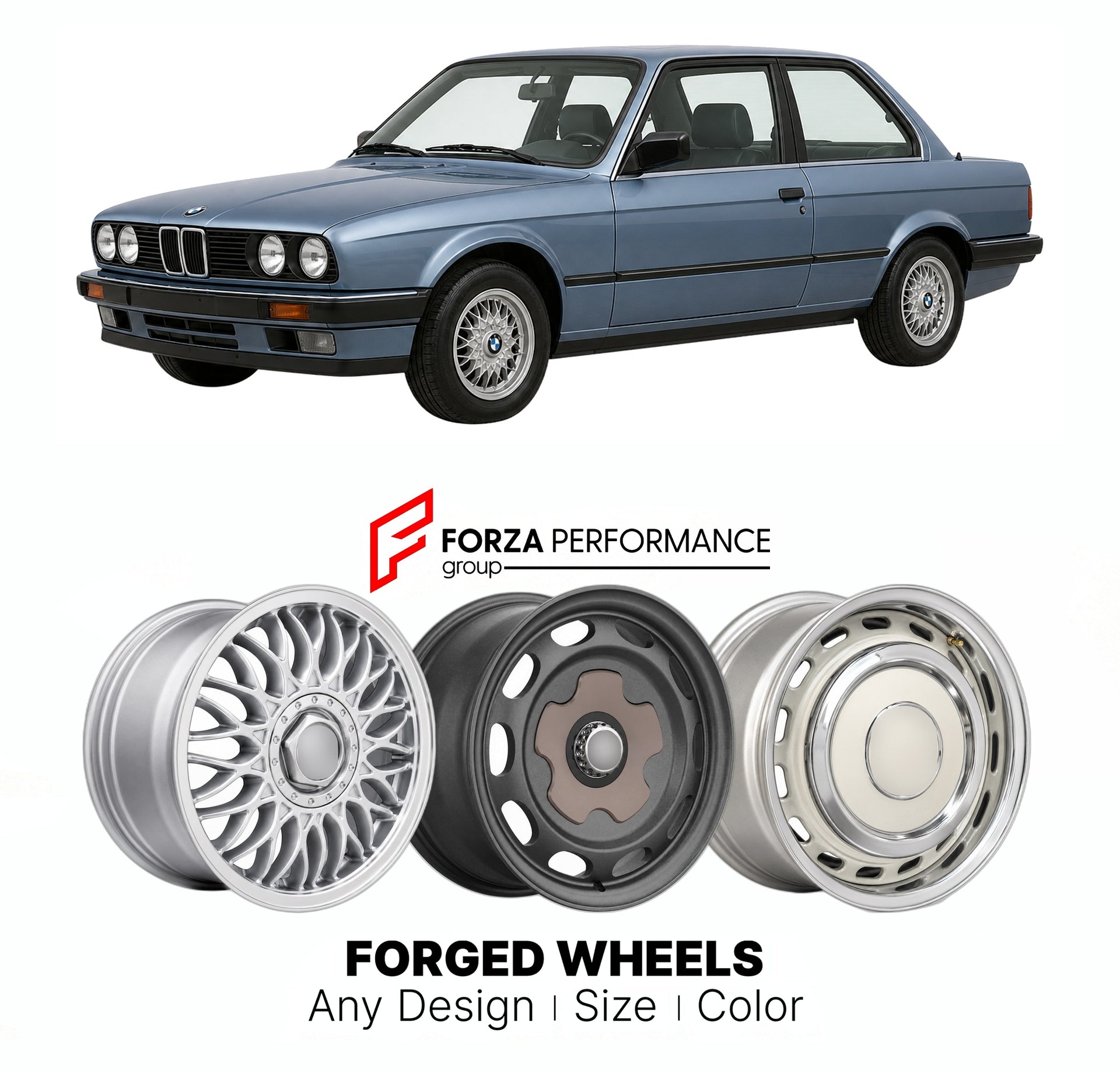 CUSTOM CLASSIC VINTAGE RESTOMOD RETRO OLD SCHOOL FORGED WHEELS RIMS for BMW 3 SERIES E30 316 318I 1982 - 1991

Custom forged wheels for BMW 3 Series E30 316 318i 1982 - 1991. Classic, vintage, restomod wheel designs made to order in custom sizes, offsets, colors and finishes.

We manufacture premium quality forged wheels rims for BMW 3 Series E30 316 318i 1982 - 1991 in any design, size, color.

THIS WHEEL DESIGN CAN BE CUSTOM-MADE FOR YOUR CAR IN ANY SIZE AND COLOR OPTIONS
Available in monoblock, 2-piece, 