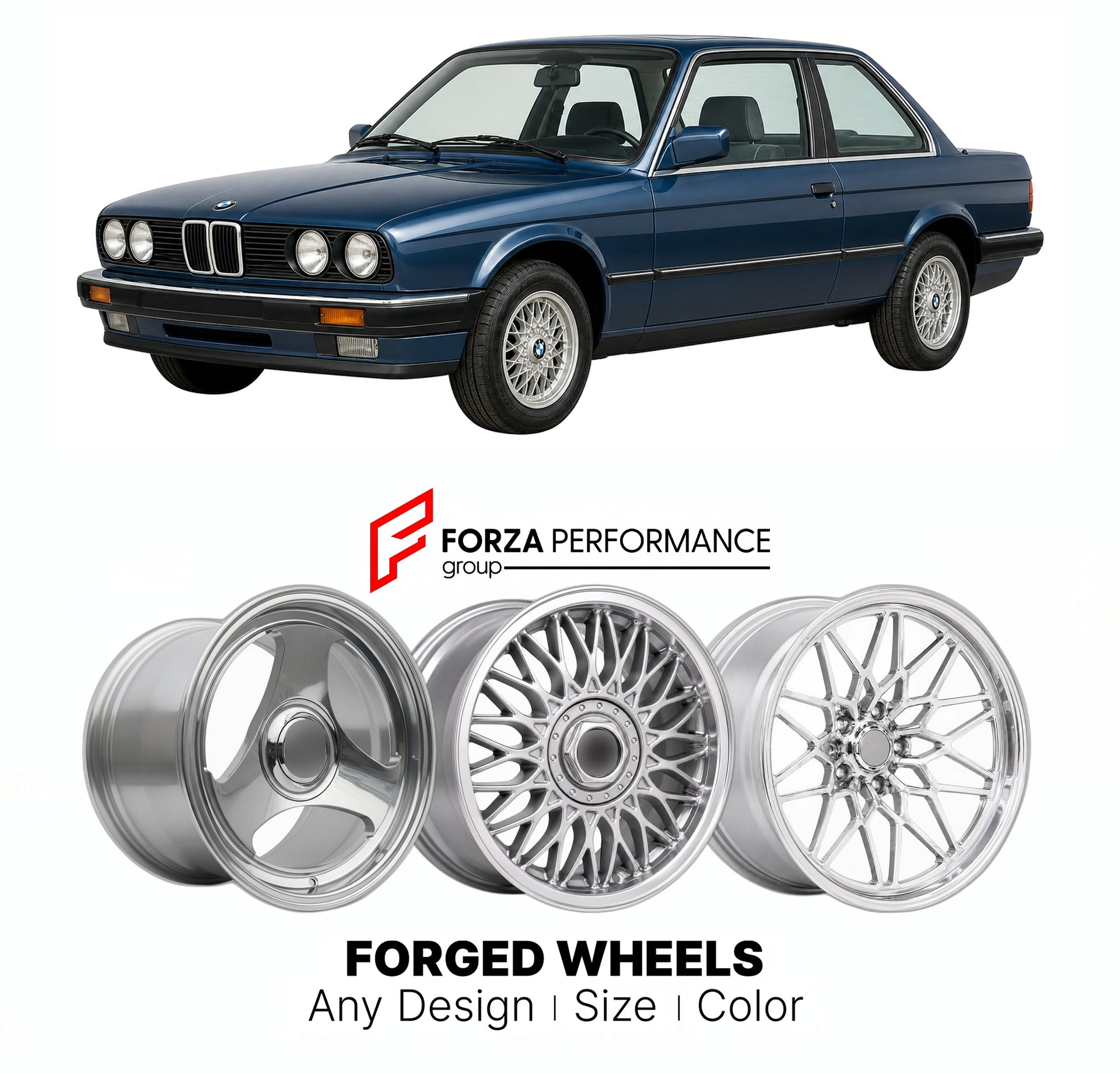 CUSTOM CLASSIC VINTAGE RESTOMOD RETRO OLD SCHOOL FORGED WHEELS RIMS for BMW 3 SERIES E30 320I 325I 1982 - 1991

Custom forged wheels for BMW 3 Series E30 320i 325i 1982 - 1991. Classic, vintage, restomod wheel designs made to order in custom sizes, offsets, colors and finishes.

We manufacture premium quality forged wheels rims for BMW 3 Series E30 320i 325i 1982 - 1991 in any design, size, color.

THIS WHEEL DESIGN CAN BE CUSTOM-MADE FOR YOUR CAR IN ANY SIZE AND COLOR OPTIONS
Available in monoblock, 2-piec