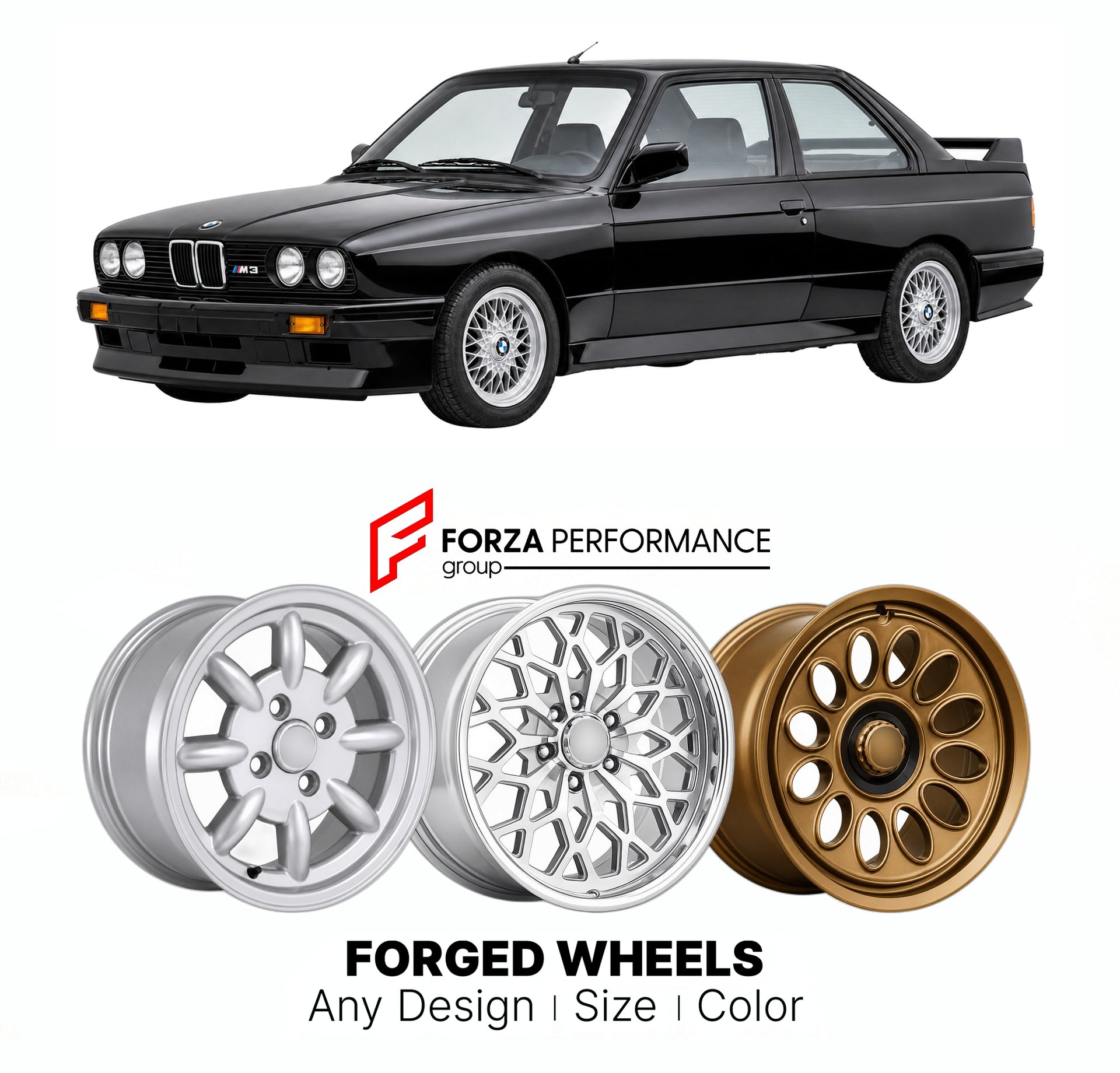 CUSTOM CLASSIC VINTAGE RESTOMOD RETRO OLD SCHOOL FORGED WHEELS RIMS for BMW 3 SERIES E30 M3 EVOLUTION 1988 - 1990

Custom forged wheels for BMW 3 Series E30 M3 Evolution 1988 - 1990. Classic, vintage, restomod wheel designs made to order in custom sizes, offsets, colors and finishes.

We manufacture premium quality forged wheels rims for BMW 3 Series E30 M3 Evolution 1988 - 1990 in any design, size, color.

THIS WHEEL DESIGN CAN BE CUSTOM-MADE FOR YOUR CAR IN ANY SIZE AND COLOR OPTIONS
Available in monobloc