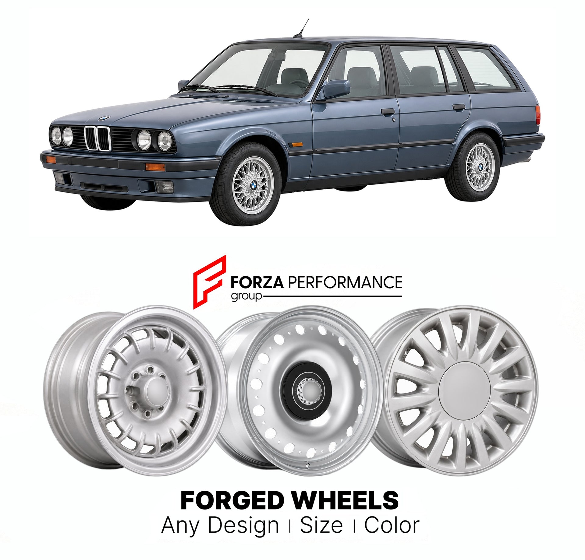 CUSTOM CLASSIC VINTAGE RESTOMOD RETRO OLD SCHOOL FORGED WHEELS RIMS for BMW 3 SERIES E30 TOURING 1987 - 1994

Custom forged wheels for BMW 3 Series E30 Touring 1987 - 1994. Classic, vintage, restomod wheel designs made to order in custom sizes, offsets, colors and finishes.

We manufacture premium quality forged wheels rims for BMW 3 Series E30 Touring 1987 - 1994 in any design, size, color.

THIS WHEEL DESIGN CAN BE CUSTOM-MADE FOR YOUR CAR IN ANY SIZE AND COLOR OPTIONS
Available in monoblock, 2-piece, 3-p