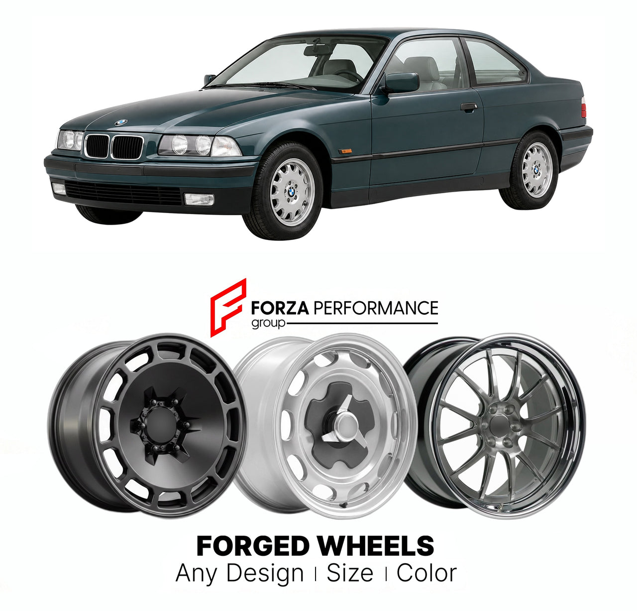 CUSTOM CLASSIC VINTAGE RESTOMOD RETRO OLD SCHOOL FORGED WHEELS RIMS for BMW 3 SERIES E36 1990 - 1998

Custom forged wheels for BMW 3 Series E36 1990 - 1998. Classic, vintage, restomod wheel designs made to order in custom sizes, offsets, colors and finishes.

We manufacture premium quality forged wheels rims for BMW 3 Series E36 1990 - 1998 in any design, size, color.

THIS WHEEL DESIGN CAN BE CUSTOM-MADE FOR YOUR CAR IN ANY SIZE AND COLOR OPTIONS
Available in monoblock, 2-piece, 3-piece, duoblock, beadlock