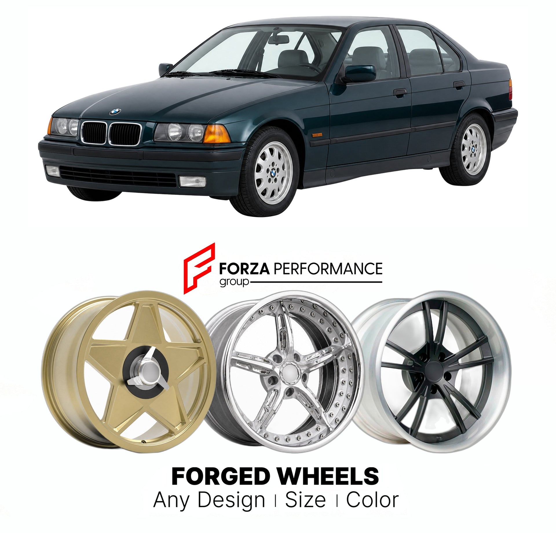 CUSTOM CLASSIC VINTAGE RESTOMOD RETRO OLD SCHOOL FORGED WHEELS RIMS for BMW 3 SERIES E36 1993 - 1999

Custom forged wheels for BMW 3 Series E36 1993 - 1999. Classic, vintage, restomod wheel designs made to order in custom sizes, offsets, colors and finishes.

We manufacture premium quality forged wheels rims for BMW 3 Series E36 1993 - 1999 in any design, size, color.

THIS WHEEL DESIGN CAN BE CUSTOM-MADE FOR YOUR CAR IN ANY SIZE AND COLOR OPTIONS
Available in monoblock, 2-piece, 3-piece, duoblock, beadlock