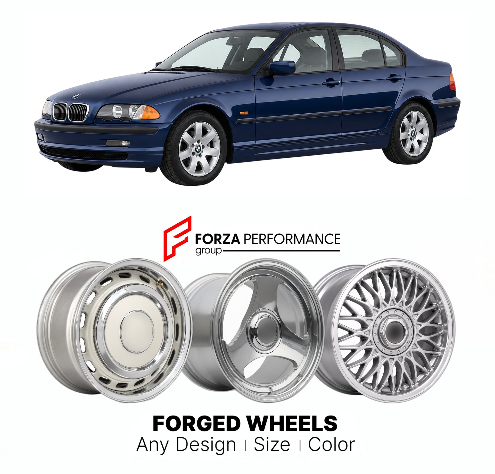 CUSTOM CLASSIC VINTAGE RESTOMOD RETRO OLD SCHOOL FORGED WHEELS RIMS for BMW 3 SERIES E46 1998 - 2005

Custom forged wheels for BMW 3 Series E46 1998 - 2005. Classic, vintage, restomod wheel designs made to order in custom sizes, offsets, colors and finishes.

We manufacture premium quality forged wheels rims for BMW 3 Series E46 1998 - 2005 in any design, size, color.

THIS WHEEL DESIGN CAN BE CUSTOM-MADE FOR YOUR CAR IN ANY SIZE AND COLOR OPTIONS
Available in monoblock, 2-piece, 3-piece, duoblock, beadlock