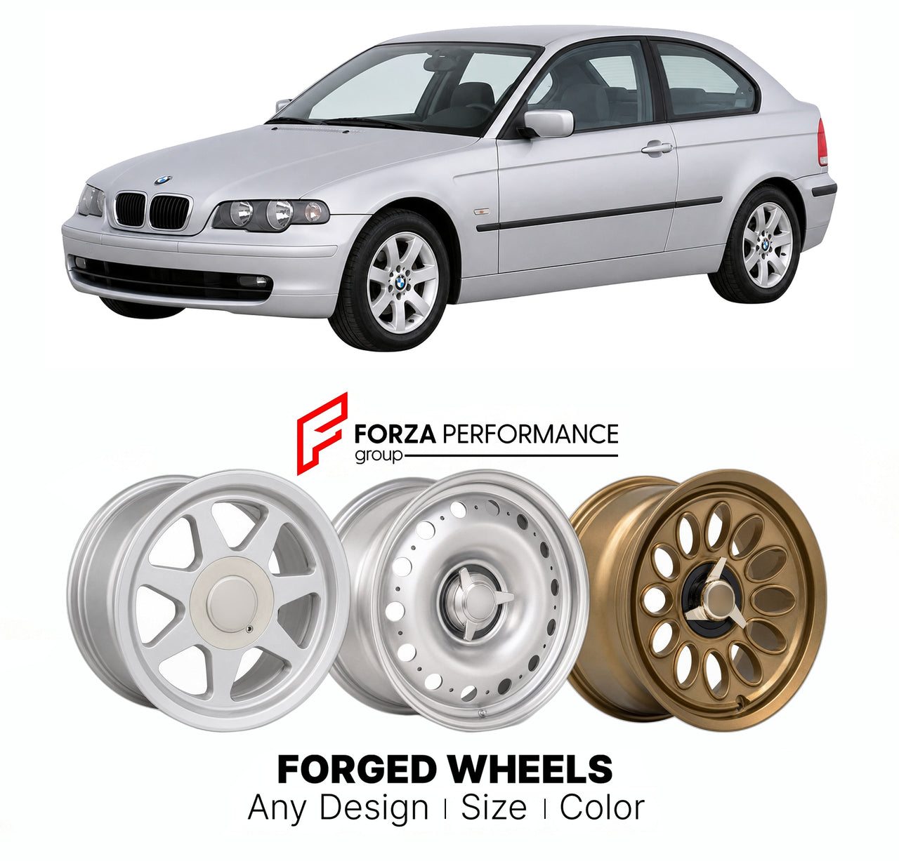 CUSTOM CLASSIC VINTAGE RESTOMOD RETRO OLD SCHOOL FORGED WHEELS RIMS for BMW 3 SERIES E46 COMPACT 2000 - 2004

Custom forged wheels for BMW 3 Series E46 Compact 2000 - 2004. Classic, vintage, restomod wheel designs made to order in custom sizes, offsets, colors and finishes.

We manufacture premium quality forged wheels rims for BMW 3 Series E46 Compact 2000 - 2004 in any design, size, color.

THIS WHEEL DESIGN CAN BE CUSTOM-MADE FOR YOUR CAR IN ANY SIZE AND COLOR OPTIONS
Available in monoblock, 2-piece, 3-p