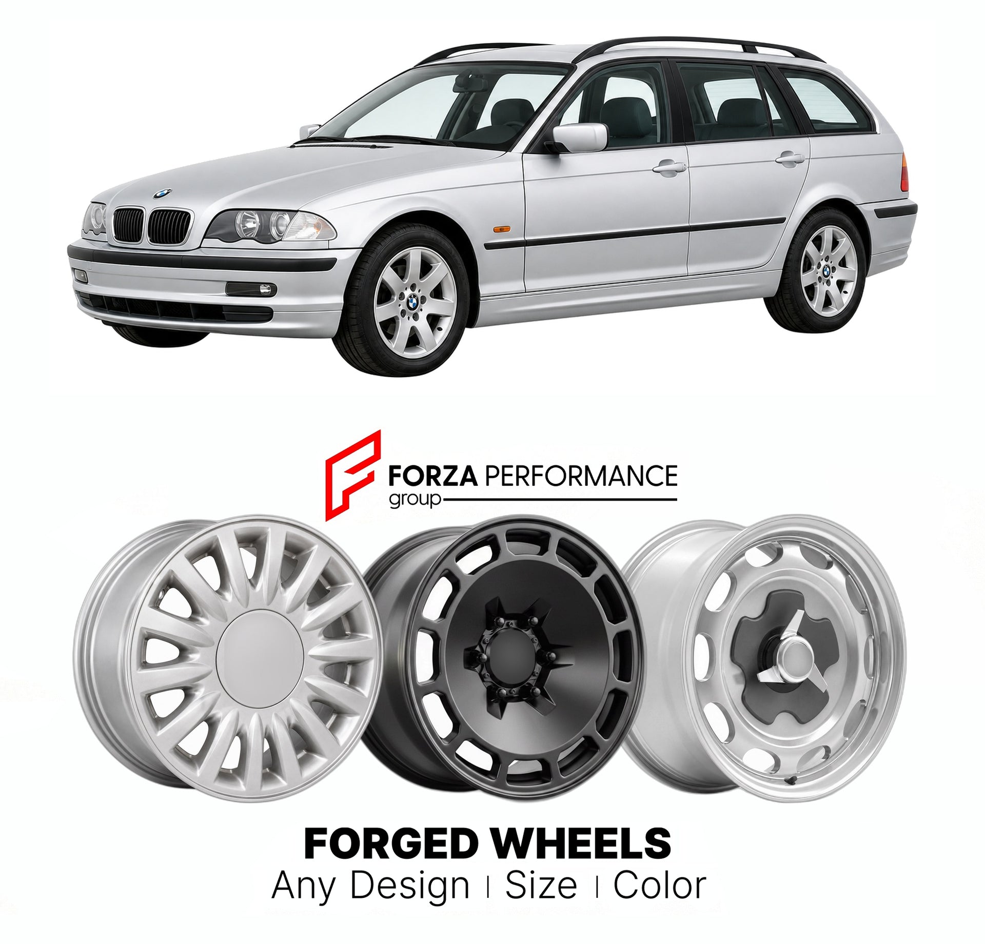 CUSTOM CLASSIC VINTAGE RESTOMOD RETRO OLD SCHOOL FORGED WHEELS RIMS for BMW 3 SERIES E46 TOURING 1999 - 2005

Custom forged wheels for BMW 3 Series E46 Touring 1999 - 2005. Classic, vintage, restomod wheel designs made to order in custom sizes, offsets, colors and finishes.

We manufacture premium quality forged wheels rims for BMW 3 Series E46 Touring 1999 - 2005 in any design, size, color.

THIS WHEEL DESIGN CAN BE CUSTOM-MADE FOR YOUR CAR IN ANY SIZE AND COLOR OPTIONS
Available in monoblock, 2-piece, 3-p