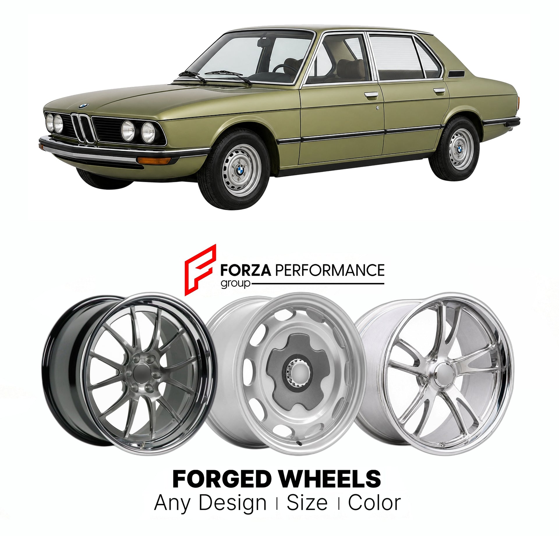 CUSTOM CLASSIC VINTAGE RESTOMOD RETRO OLD SCHOOL FORGED WHEELS RIMS for BMW 5 SERIES E12 1972 - 1981

Custom forged wheels for BMW 5 Series E12 1972 - 1981. Classic, vintage, restomod wheel designs made to order in custom sizes, offsets, colors and finishes.

We manufacture premium quality forged wheels rims for BMW 5 Series E12 1972 - 1981 in any design, size, color.

THIS WHEEL DESIGN CAN BE CUSTOM-MADE FOR YOUR CAR IN ANY SIZE AND COLOR OPTIONS
Available in monoblock, 2-piece, 3-piece, duoblock, beadlock