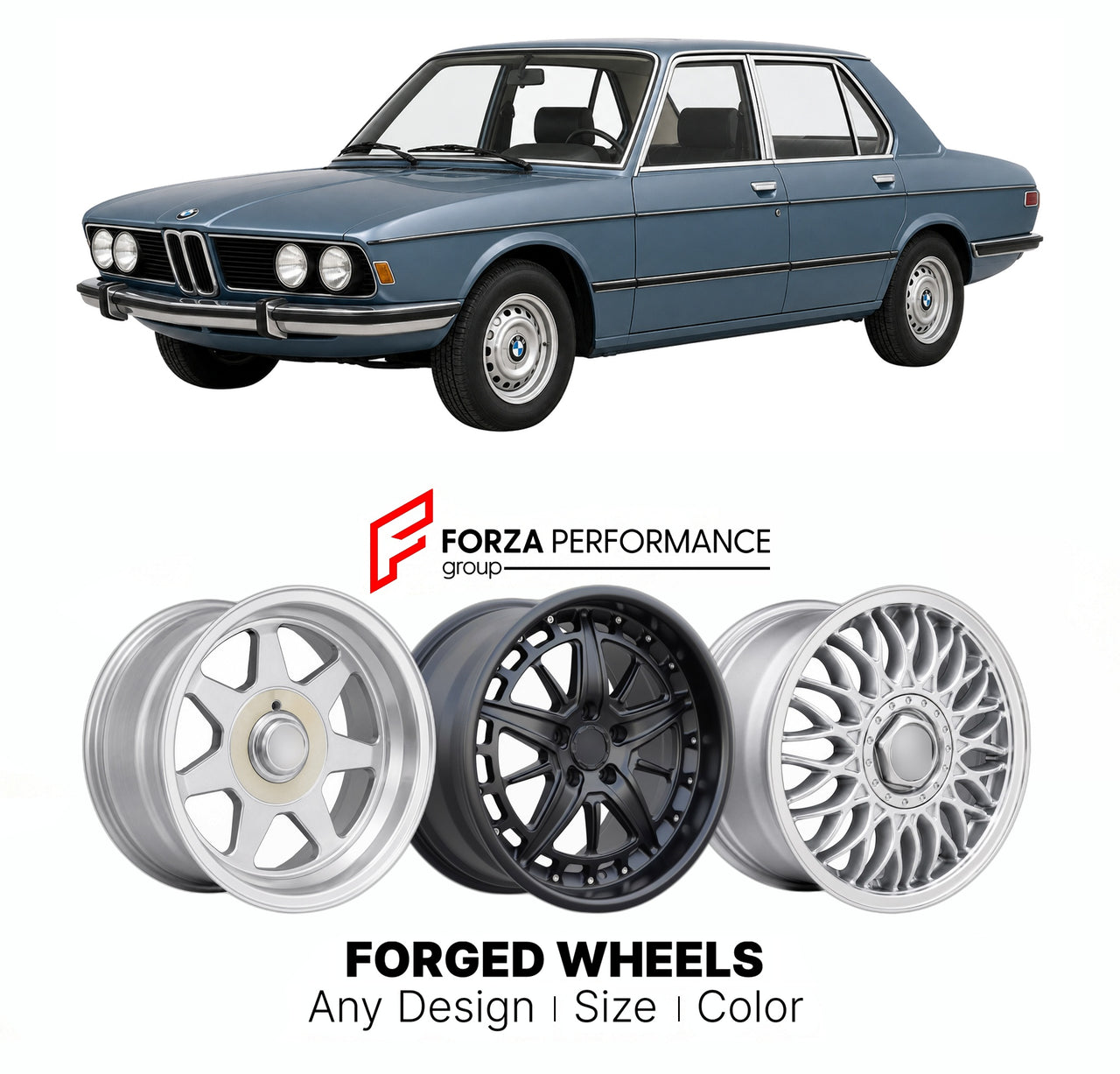 CUSTOM CLASSIC VINTAGE RESTOMOD RETRO OLD SCHOOL FORGED WHEELS RIMS for BMW 5 SERIES E12 518 520 1972 - 1981

Custom forged wheels for BMW 5 Series E12 518 520 1972 - 1981. Classic, vintage, restomod wheel designs made to order in custom sizes, offsets, colors and finishes.

We manufacture premium quality forged wheels rims for BMW 5 Series E12 518 520 1972 - 1981 in any design, size, color.

THIS WHEEL DESIGN CAN BE CUSTOM-MADE FOR YOUR CAR IN ANY SIZE AND COLOR OPTIONS
Available in monoblock, 2-piece, 3-p