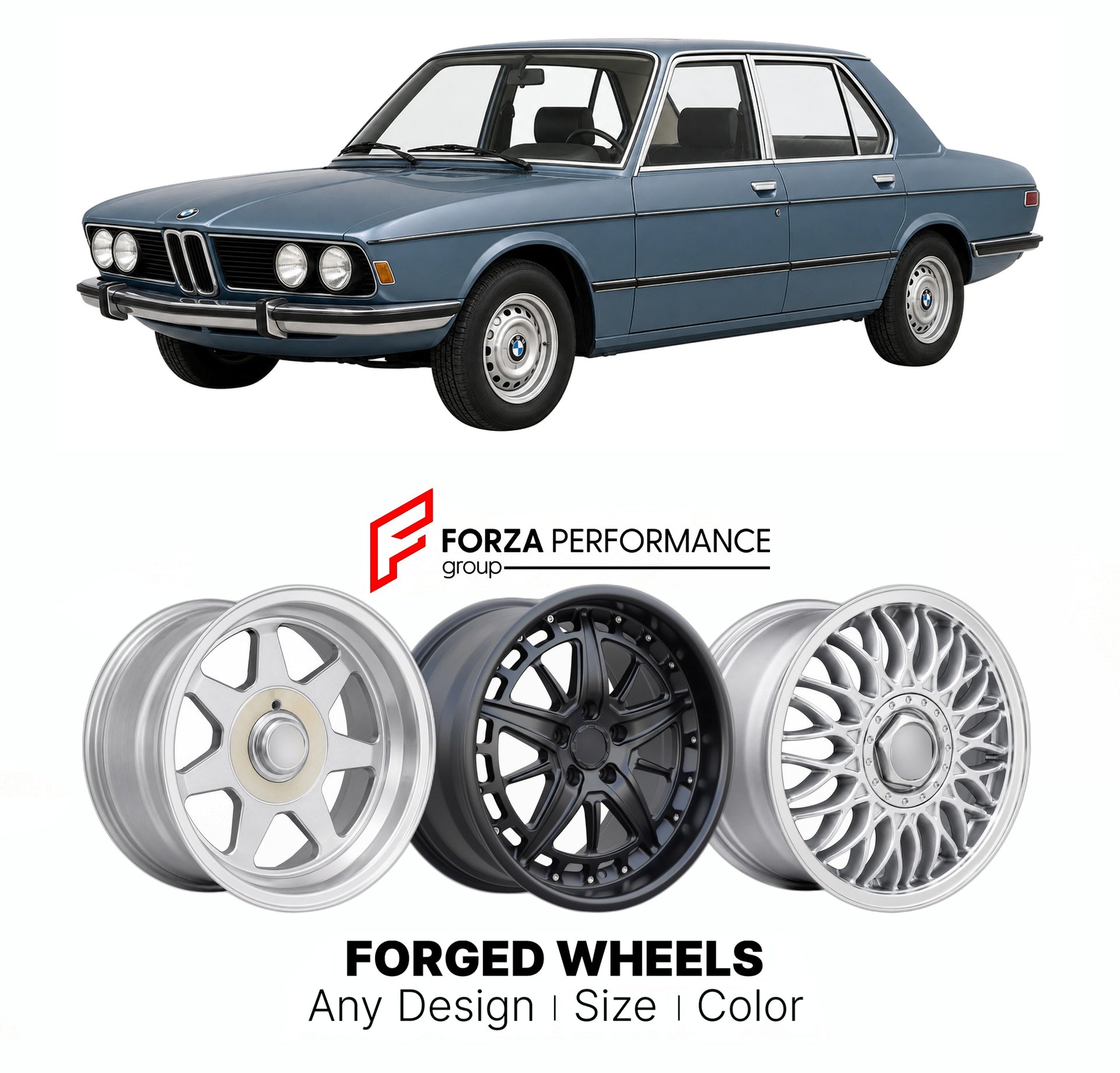 CUSTOM CLASSIC VINTAGE RESTOMOD RETRO OLD SCHOOL FORGED WHEELS RIMS for BMW 5 SERIES E12 518 520 1972 - 1981

Custom forged wheels for BMW 5 Series E12 518 520 1972 - 1981. Classic, vintage, restomod wheel designs made to order in custom sizes, offsets, colors and finishes.

We manufacture premium quality forged wheels rims for BMW 5 Series E12 518 520 1972 - 1981 in any design, size, color.

THIS WHEEL DESIGN CAN BE CUSTOM-MADE FOR YOUR CAR IN ANY SIZE AND COLOR OPTIONS
Available in monoblock, 2-piece, 3-p