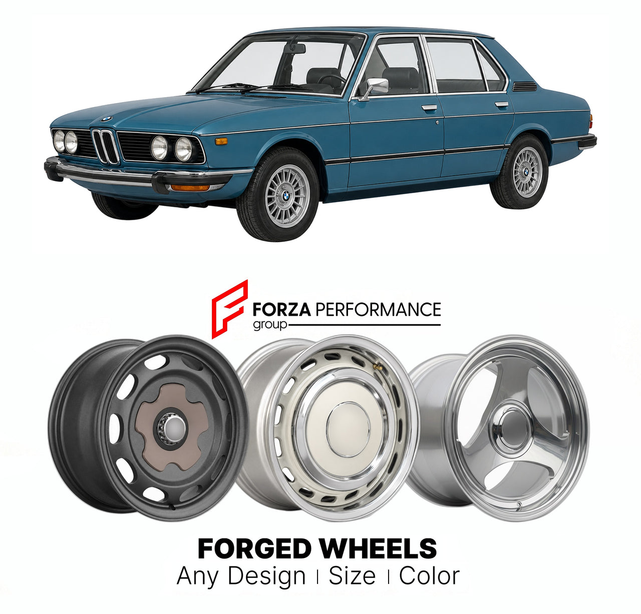 CUSTOM CLASSIC VINTAGE RESTOMOD RETRO OLD SCHOOL FORGED WHEELS RIMS for BMW 5 SERIES E12 525 528I 1973 - 1981

Custom forged wheels for BMW 5 Series E12 525 528i 1973 - 1981. Classic, vintage, restomod wheel designs made to order in custom sizes, offsets, colors and finishes.

We manufacture premium quality forged wheels rims for BMW 5 Series E12 525 528i 1973 - 1981 in any design, size, color.

THIS WHEEL DESIGN CAN BE CUSTOM-MADE FOR YOUR CAR IN ANY SIZE AND COLOR OPTIONS
Available in monoblock, 2-piece, 