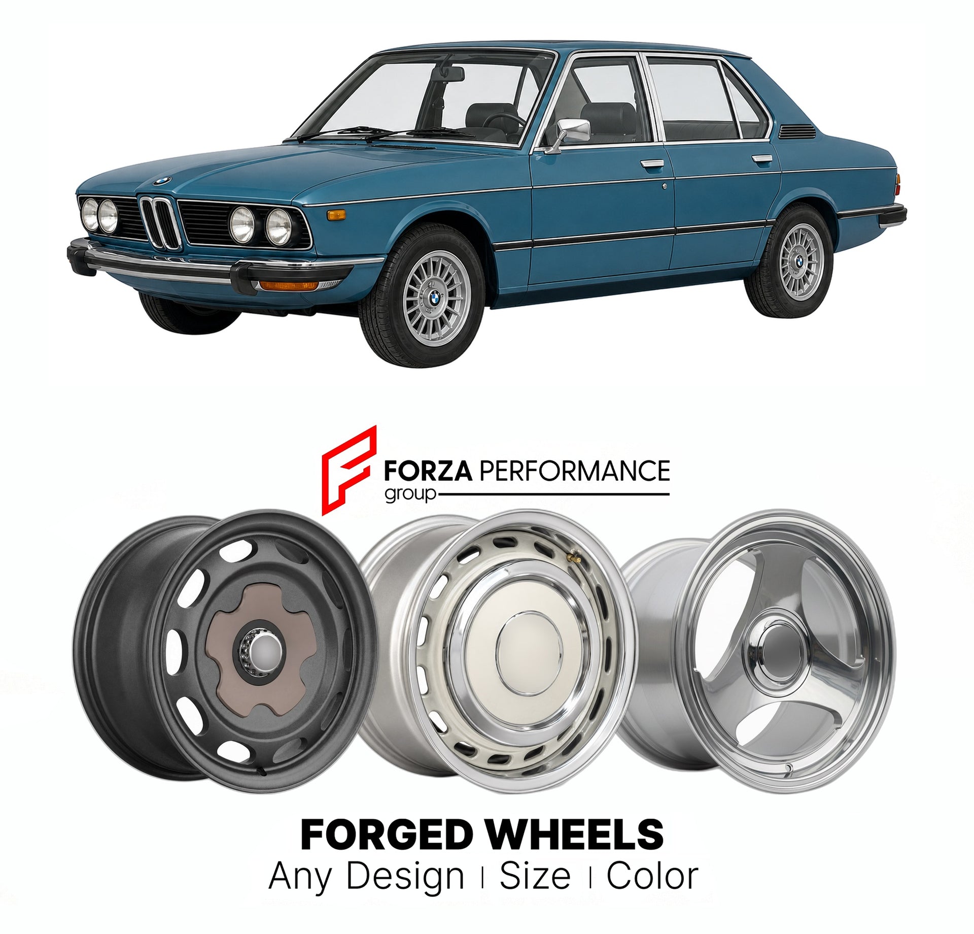 CUSTOM CLASSIC VINTAGE RESTOMOD RETRO OLD SCHOOL FORGED WHEELS RIMS for BMW 5 SERIES E12 525 528I 1973 - 1981

Custom forged wheels for BMW 5 Series E12 525 528i 1973 - 1981. Classic, vintage, restomod wheel designs made to order in custom sizes, offsets, colors and finishes.

We manufacture premium quality forged wheels rims for BMW 5 Series E12 525 528i 1973 - 1981 in any design, size, color.

THIS WHEEL DESIGN CAN BE CUSTOM-MADE FOR YOUR CAR IN ANY SIZE AND COLOR OPTIONS
Available in monoblock, 2-piece, 