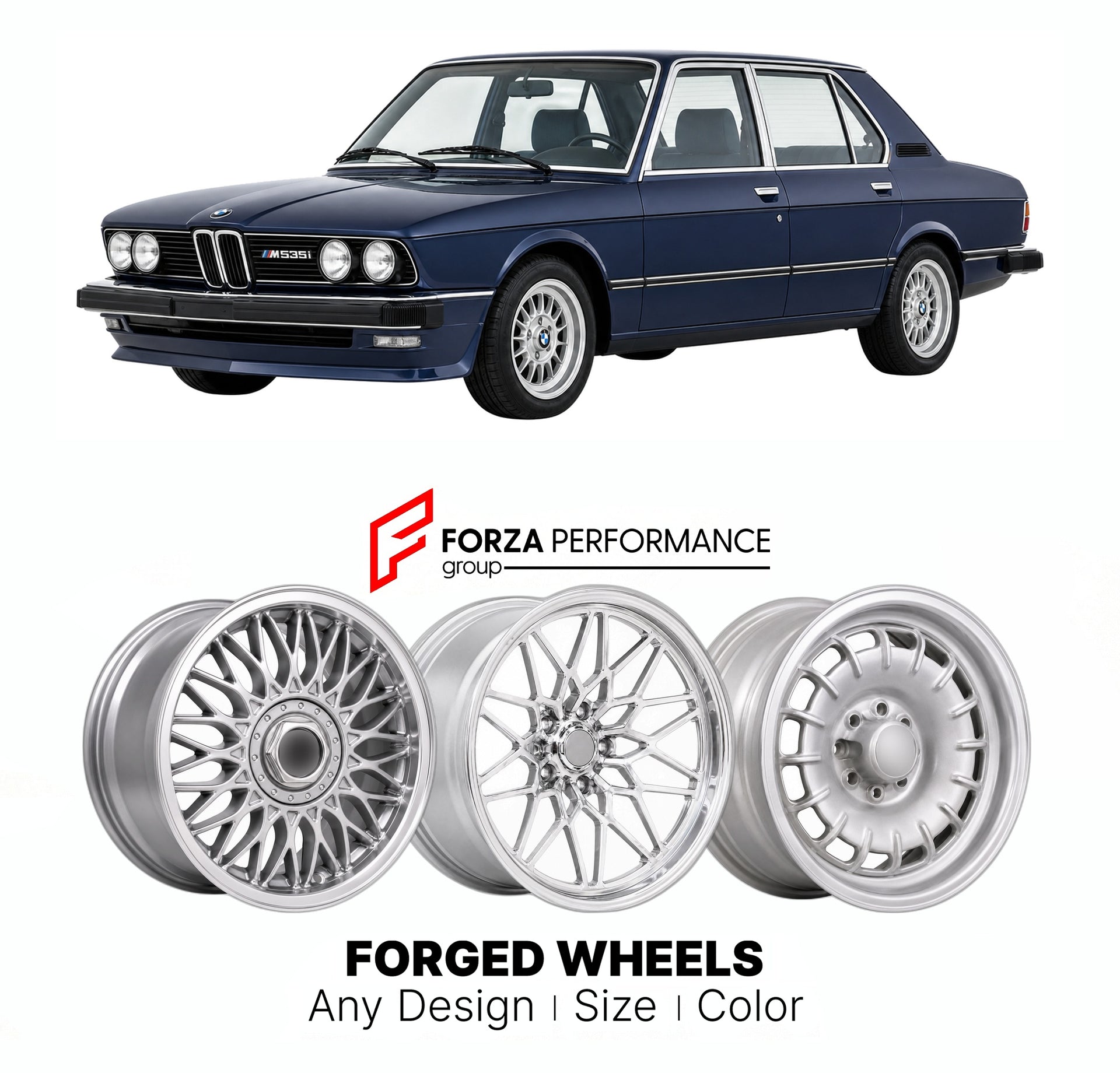 CUSTOM CLASSIC VINTAGE RESTOMOD RETRO OLD SCHOOL FORGED WHEELS RIMS for BMW 5 SERIES E12 M535I 1980 - 1981

Custom forged wheels for BMW 5 Series E12 M535i 1980 - 1981. Classic, vintage, restomod wheel designs made to order in custom sizes, offsets, colors and finishes.

We manufacture premium quality forged wheels rims for BMW 5 Series E12 M535i 1980 - 1981 in any design, size, color.

THIS WHEEL DESIGN CAN BE CUSTOM-MADE FOR YOUR CAR IN ANY SIZE AND COLOR OPTIONS
Available in monoblock, 2-piece, 3-piece, 