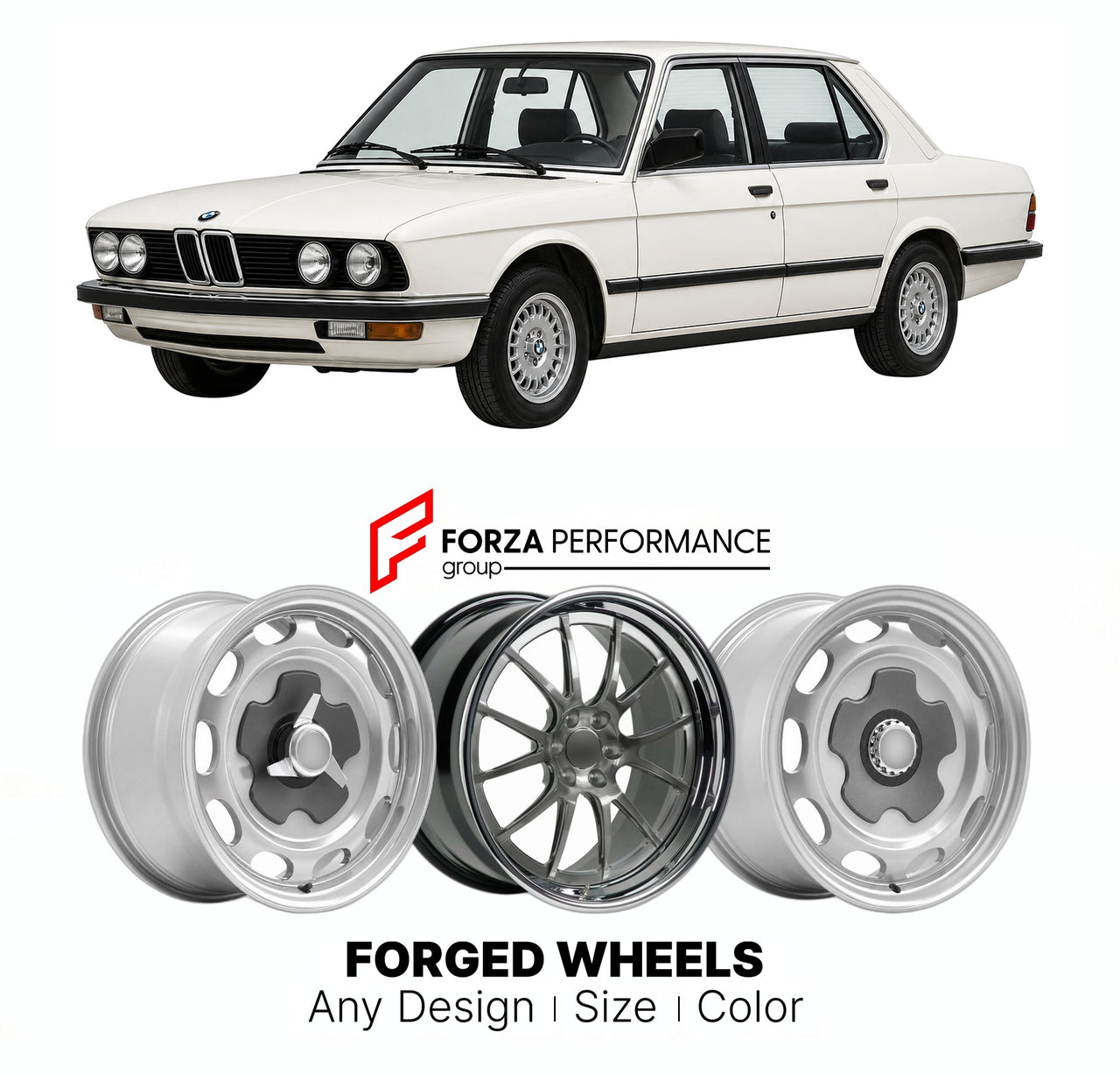CUSTOM CLASSIC VINTAGE RESTOMOD RETRO OLD SCHOOL FORGED WHEELS RIMS for BMW 5 SERIES E28 518I 520I 1981 - 1988

Custom forged wheels for BMW 5 Series E28 518i 520i 1981 - 1988. Classic, vintage, restomod wheel designs made to order in custom sizes, offsets, colors and finishes.

We manufacture premium quality forged wheels rims for BMW 5 Series E28 518i 520i 1981 - 1988 in any design, size, color.

THIS WHEEL DESIGN CAN BE CUSTOM-MADE FOR YOUR CAR IN ANY SIZE AND COLOR OPTIONS
Available in monoblock, 2-piec