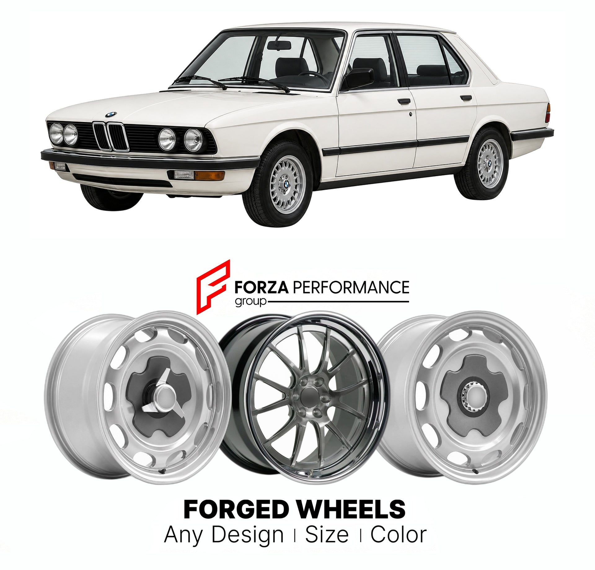 CUSTOM CLASSIC VINTAGE RESTOMOD RETRO OLD SCHOOL FORGED WHEELS RIMS for BMW 5 SERIES E28 518I 520I 1981 - 1988

Custom forged wheels for BMW 5 Series E28 518i 520i 1981 - 1988. Classic, vintage, restomod wheel designs made to order in custom sizes, offsets, colors and finishes.

We manufacture premium quality forged wheels rims for BMW 5 Series E28 518i 520i 1981 - 1988 in any design, size, color.

THIS WHEEL DESIGN CAN BE CUSTOM-MADE FOR YOUR CAR IN ANY SIZE AND COLOR OPTIONS
Available in monoblock, 2-piec