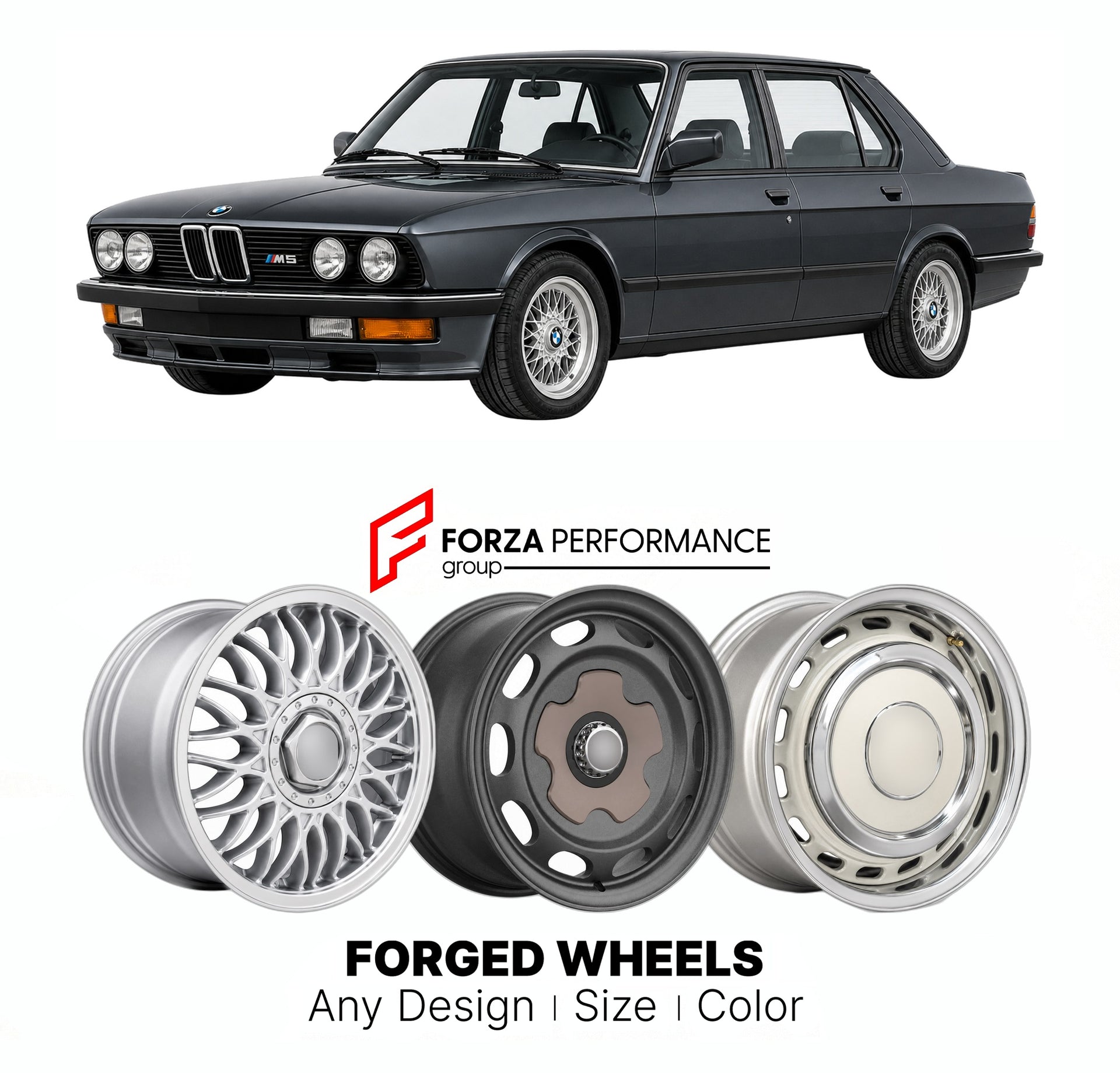 CUSTOM CLASSIC VINTAGE RESTOMOD RETRO OLD SCHOOL FORGED WHEELS RIMS for BMW 5 SERIES E28 M5 1984 - 1988

Custom forged wheels for BMW 5 Series E28 M5 1984 - 1988. Classic, vintage, restomod wheel designs made to order in custom sizes, offsets, colors and finishes.

We manufacture premium quality forged wheels rims for BMW 5 Series E28 M5 1984 - 1988 in any design, size, color.

THIS WHEEL DESIGN CAN BE CUSTOM-MADE FOR YOUR CAR IN ANY SIZE AND COLOR OPTIONS
Available in monoblock, 2-piece, 3-piece, duoblock,