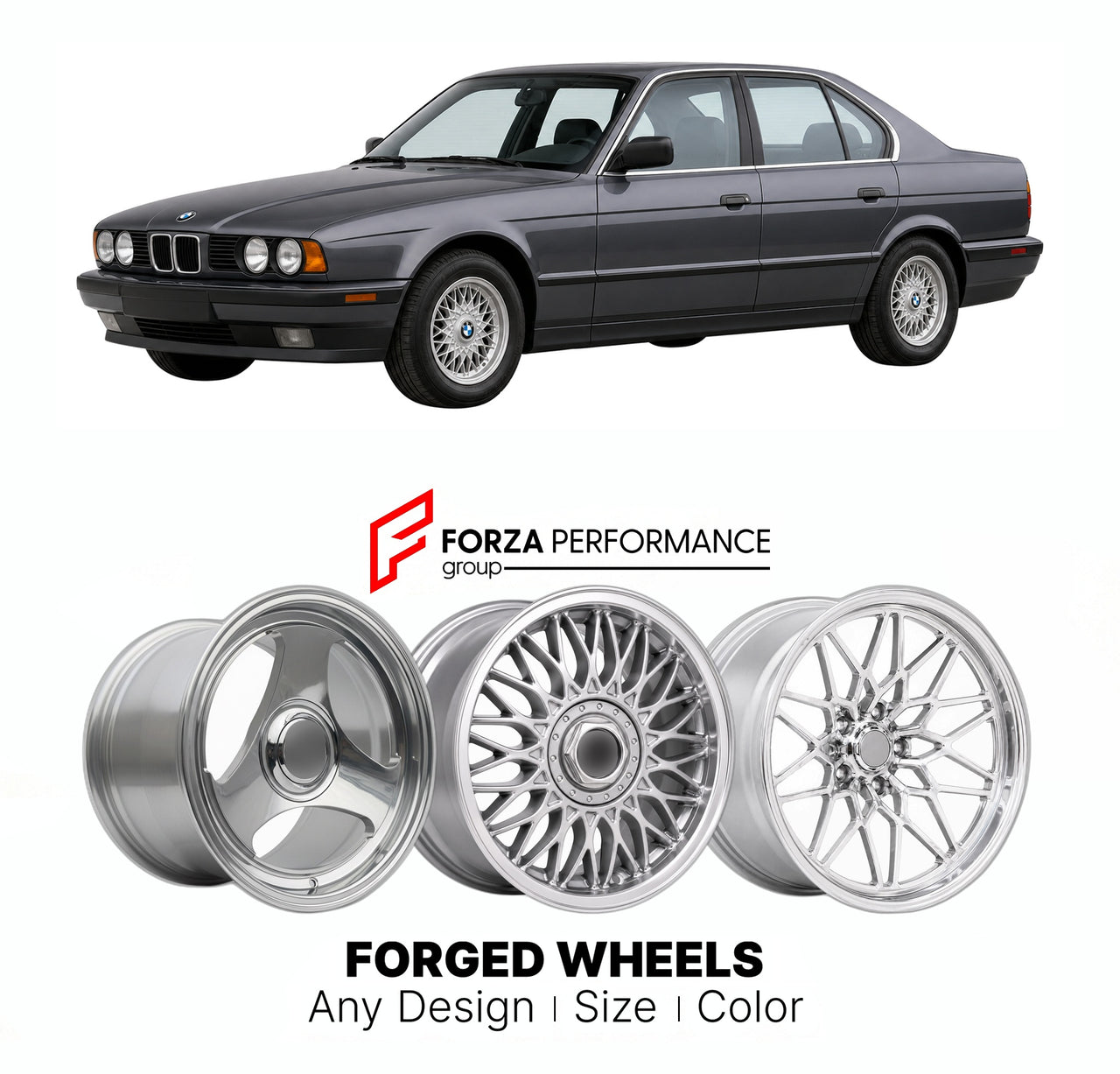 CUSTOM CLASSIC VINTAGE RESTOMOD RETRO OLD SCHOOL FORGED WHEELS RIMS for BMW 5 SERIES E34 1987 - 1996

Custom forged wheels for BMW 5 Series E34 1987 - 1996. Classic, vintage, restomod wheel designs made to order in custom sizes, offsets, colors and finishes.

We manufacture premium quality forged wheels rims for BMW 5 Series E34 1987 - 1996 in any design, size, color.

THIS WHEEL DESIGN CAN BE CUSTOM-MADE FOR YOUR CAR IN ANY SIZE AND COLOR OPTIONS
Available in monoblock, 2-piece, 3-piece, duoblock, beadlock