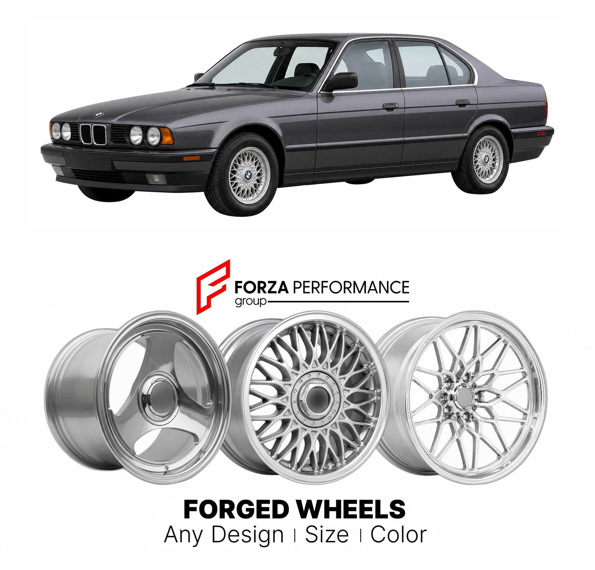 CUSTOM CLASSIC VINTAGE RESTOMOD RETRO OLD SCHOOL FORGED WHEELS RIMS for BMW 5 SERIES E34 1987 - 1996

Custom forged wheels for BMW 5 Series E34 1987 - 1996. Classic, vintage, restomod wheel designs made to order in custom sizes, offsets, colors and finishes.

We manufacture premium quality forged wheels rims for BMW 5 Series E34 1987 - 1996 in any design, size, color.

THIS WHEEL DESIGN CAN BE CUSTOM-MADE FOR YOUR CAR IN ANY SIZE AND COLOR OPTIONS
Available in monoblock, 2-piece, 3-piece, duoblock, beadlock