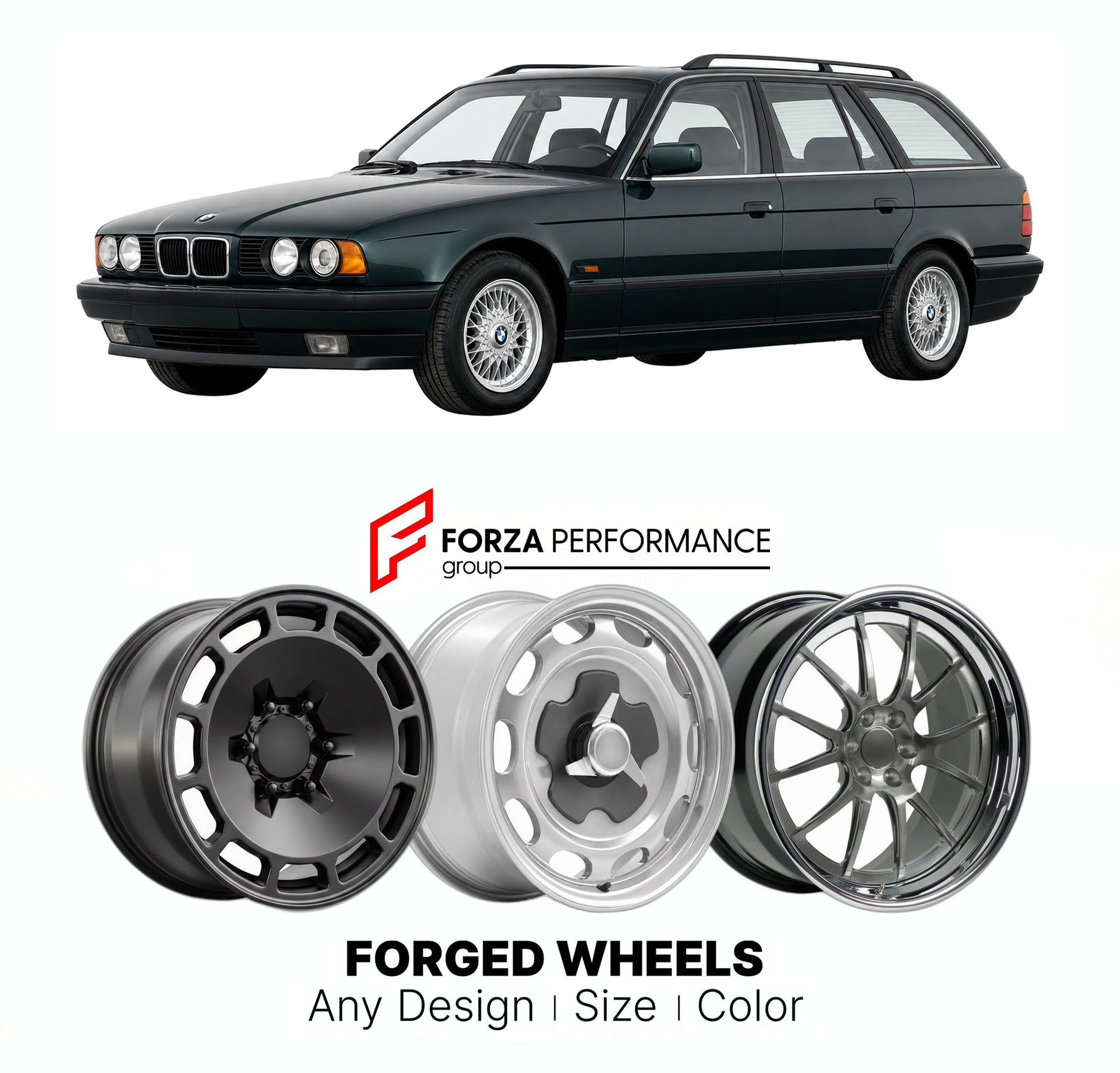 CUSTOM CLASSIC VINTAGE RESTOMOD RETRO OLD SCHOOL FORGED WHEELS RIMS for BMW 5 SERIES E34 TOURING 1991 - 1996

Custom forged wheels for BMW 5 Series E34 Touring 1991 - 1996. Classic, vintage, restomod wheel designs made to order in custom sizes, offsets, colors and finishes.

We manufacture premium quality forged wheels rims for BMW 5 Series E34 Touring 1991 - 1996 in any design, size, color.

THIS WHEEL DESIGN CAN BE CUSTOM-MADE FOR YOUR CAR IN ANY SIZE AND COLOR OPTIONS
Available in monoblock, 2-piece, 3-p