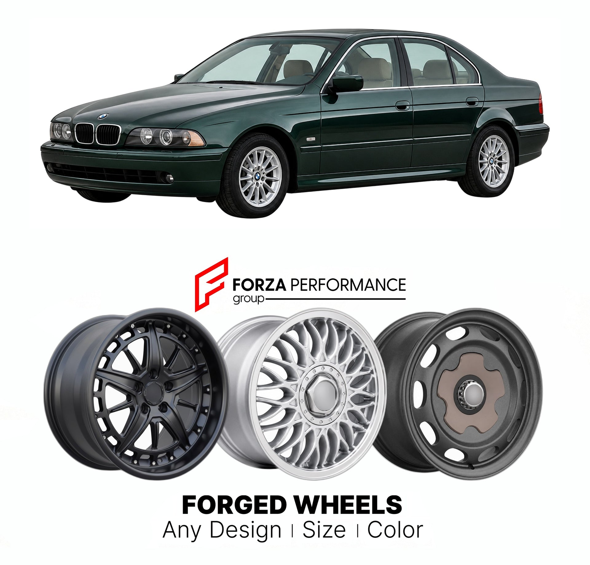 CUSTOM CLASSIC VINTAGE RESTOMOD RETRO OLD SCHOOL FORGED WHEELS RIMS for BMW 5 SERIES E39 1995 - 2004

Custom forged wheels for BMW 5 Series E39 1995 - 2004. Classic, vintage, restomod wheel designs made to order in custom sizes, offsets, colors and finishes.

We manufacture premium quality forged wheels rims for BMW 5 Series E39 1995 - 2004 in any design, size, color.

THIS WHEEL DESIGN CAN BE CUSTOM-MADE FOR YOUR CAR IN ANY SIZE AND COLOR OPTIONS
Available in monoblock, 2-piece, 3-piece, duoblock, beadlock