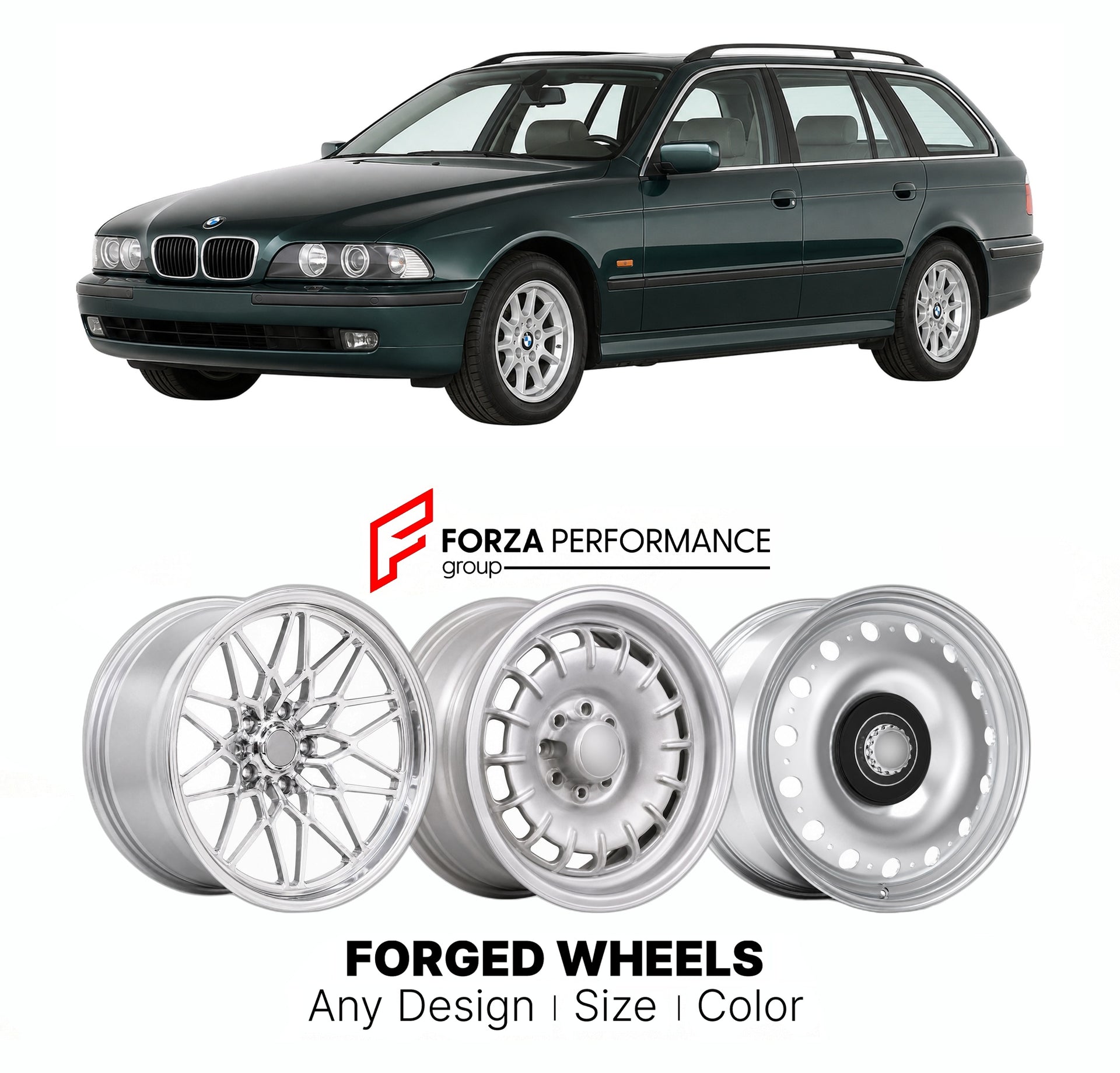 CUSTOM CLASSIC VINTAGE RESTOMOD RETRO OLD SCHOOL FORGED WHEELS RIMS for BMW 5 SERIES E39 TOURING 1996 - 2004

Custom forged wheels for BMW 5 Series E39 Touring 1996 - 2004. Classic, vintage, restomod wheel designs made to order in custom sizes, offsets, colors and finishes.

We manufacture premium quality forged wheels rims for BMW 5 Series E39 Touring 1996 - 2004 in any design, size, color.

THIS WHEEL DESIGN CAN BE CUSTOM-MADE FOR YOUR CAR IN ANY SIZE AND COLOR OPTIONS
Available in monoblock, 2-piece, 3-p