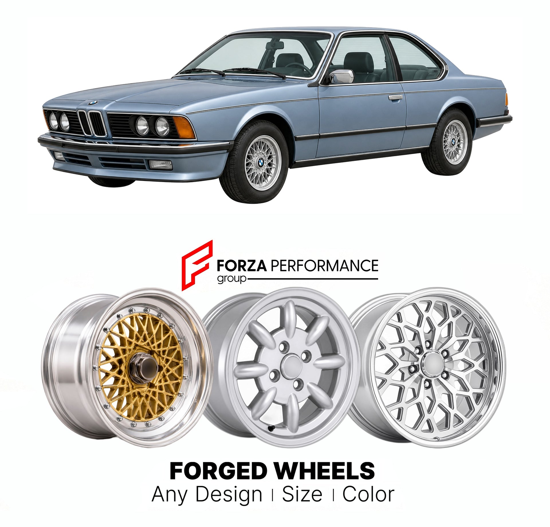 CUSTOM CLASSIC VINTAGE RESTOMOD RETRO OLD SCHOOL FORGED WHEELS RIMS for BMW 633 CSI E24 1976 - 1984

Custom forged wheels for BMW 633 CSi E24 1976 - 1984. Classic, vintage, restomod wheel designs made to order in custom sizes, offsets, colors and finishes.

We manufacture premium quality forged wheels rims for BMW 633 CSi E24 1976 - 1984 in any design, size, color.

THIS WHEEL DESIGN CAN BE CUSTOM-MADE FOR YOUR CAR IN ANY SIZE AND COLOR OPTIONS
Available in monoblock, 2-piece, 3-piece, duoblock, beadlock
3D