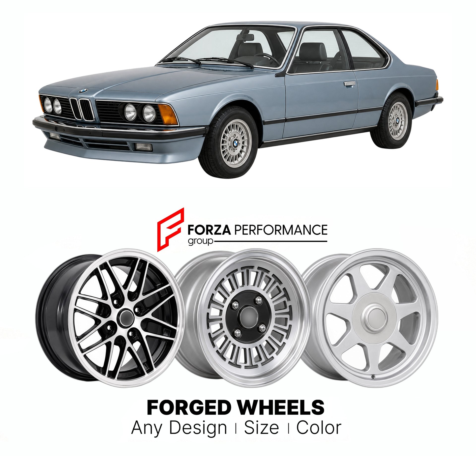CUSTOM CLASSIC VINTAGE RESTOMOD RETRO OLD SCHOOL FORGED WHEELS RIMS for BMW 6 SERIES E24 1976 - 1989

Custom forged wheels for BMW 6 Series E24 1976 - 1989. Classic, vintage, restomod wheel designs made to order in custom sizes, offsets, colors and finishes.

We manufacture premium quality forged wheels rims for BMW 6 Series E24 1976 - 1989 in any design, size, color.

THIS WHEEL DESIGN CAN BE CUSTOM-MADE FOR YOUR CAR IN ANY SIZE AND COLOR OPTIONS
Available in monoblock, 2-piece, 3-piece, duoblock, beadlock