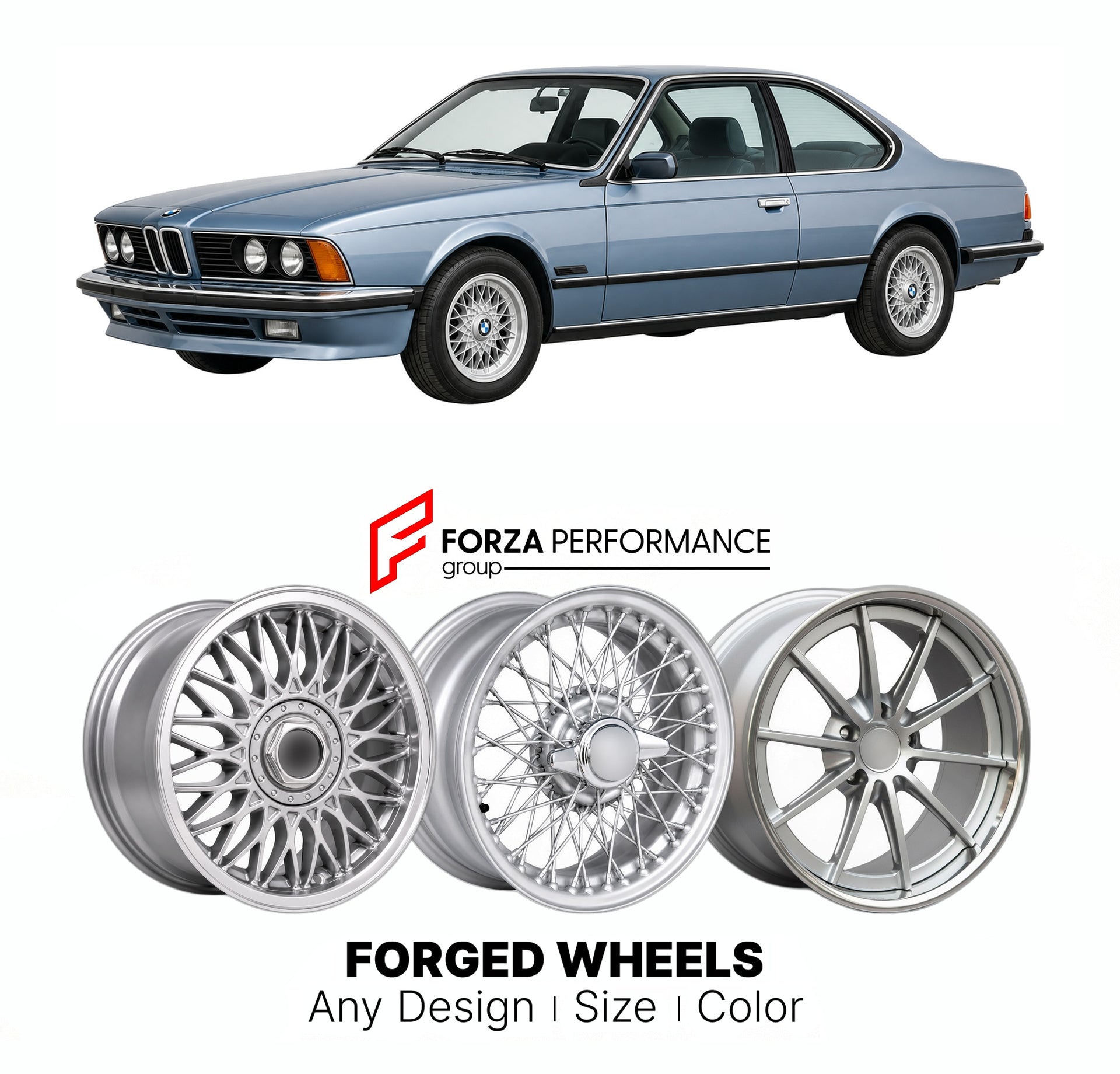 CUSTOM CLASSIC VINTAGE RESTOMOD RETRO OLD SCHOOL FORGED WHEELS RIMS for BMW 6 SERIES E24 635 CSI 1978 - 1989

Custom forged wheels for BMW 6 Series E24 635 CSi 1978 - 1989. Classic, vintage, restomod wheel designs made to order in custom sizes, offsets, colors and finishes.

We manufacture premium quality forged wheels rims for BMW 6 Series E24 635 CSi 1978 - 1989 in any design, size, color.

THIS WHEEL DESIGN CAN BE CUSTOM-MADE FOR YOUR CAR IN ANY SIZE AND COLOR OPTIONS
Available in monoblock, 2-piece, 3-p