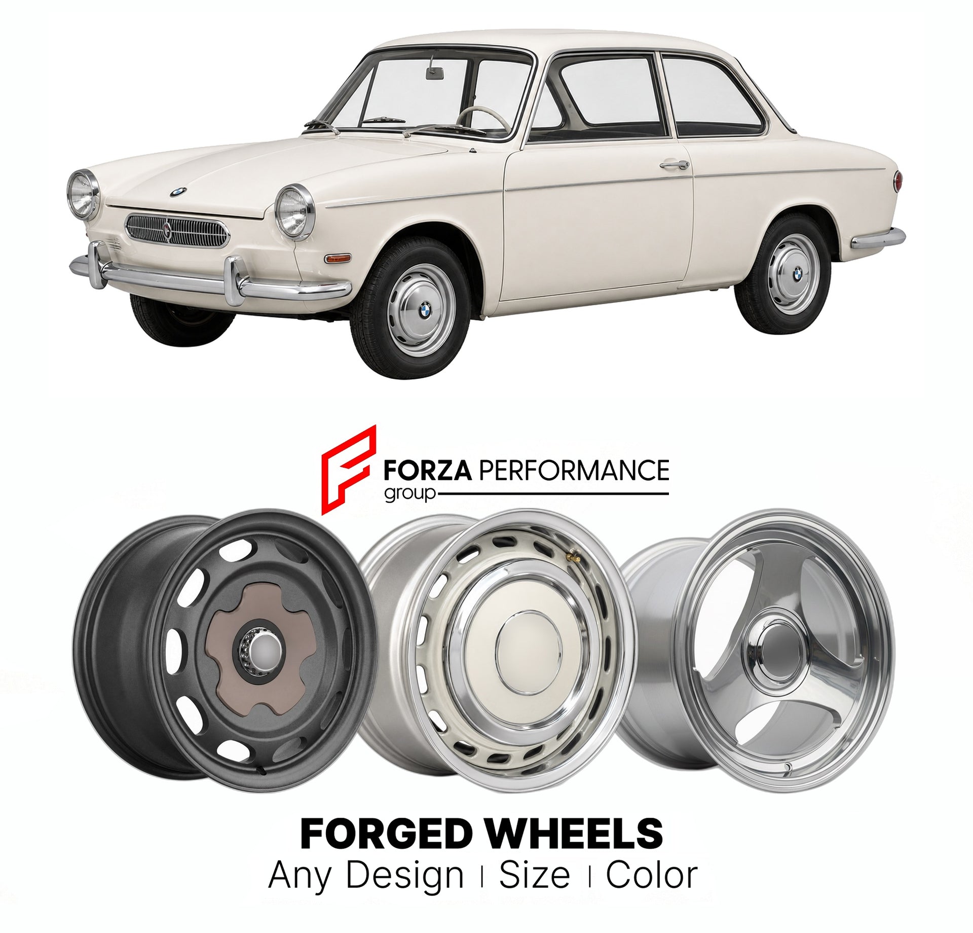 CUSTOM CLASSIC VINTAGE RESTOMOD RETRO OLD SCHOOL FORGED WHEELS RIMS for BMW 700 1959 - 1965

Custom forged wheels for BMW 700 1959 - 1965. Classic, vintage, restomod wheel designs made to order in custom sizes, offsets, colors and finishes.

We manufacture premium quality forged wheels rims for BMW 700 1959 - 1965 in any design, size, color.

THIS WHEEL DESIGN CAN BE CUSTOM-MADE FOR YOUR CAR IN ANY SIZE AND COLOR OPTIONS
Available in monoblock, 2-piece, 3-piece, duoblock, beadlock
3D wheel renderings are pr