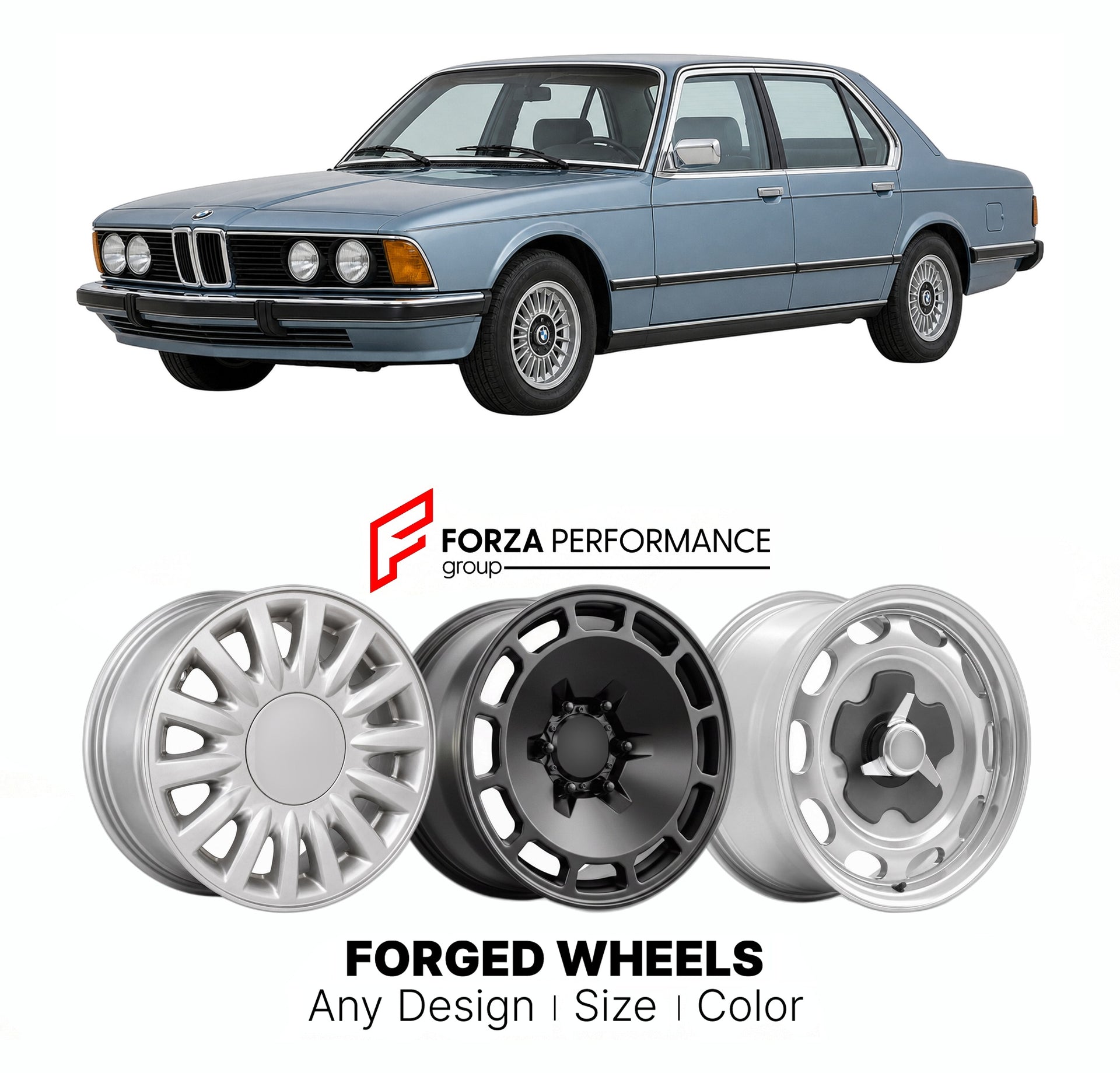 CUSTOM CLASSIC VINTAGE RESTOMOD RETRO OLD SCHOOL FORGED WHEELS RIMS for BMW 7 SERIES E23 1977 - 1986

Custom forged wheels for BMW 7 Series E23 1977 - 1986. Classic, vintage, restomod wheel designs made to order in custom sizes, offsets, colors and finishes.

We manufacture premium quality forged wheels rims for BMW 7 Series E23 1977 - 1986 in any design, size, color.

THIS WHEEL DESIGN CAN BE CUSTOM-MADE FOR YOUR CAR IN ANY SIZE AND COLOR OPTIONS
Available in monoblock, 2-piece, 3-piece, duoblock, beadlock