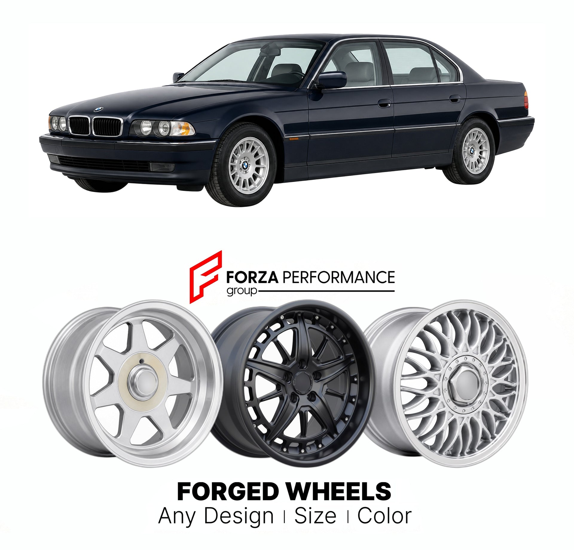 CUSTOM CLASSIC VINTAGE RESTOMOD RETRO OLD SCHOOL FORGED WHEELS RIMS for BMW 7 SERIES E38 1994 - 2001

Custom forged wheels for BMW 7 Series E38 1994 - 2001. Classic, vintage, restomod wheel designs made to order in custom sizes, offsets, colors and finishes.

We manufacture premium quality forged wheels rims for BMW 7 Series E38 1994 - 2001 in any design, size, color.

THIS WHEEL DESIGN CAN BE CUSTOM-MADE FOR YOUR CAR IN ANY SIZE AND COLOR OPTIONS
Available in monoblock, 2-piece, 3-piece, duoblock, beadlock
