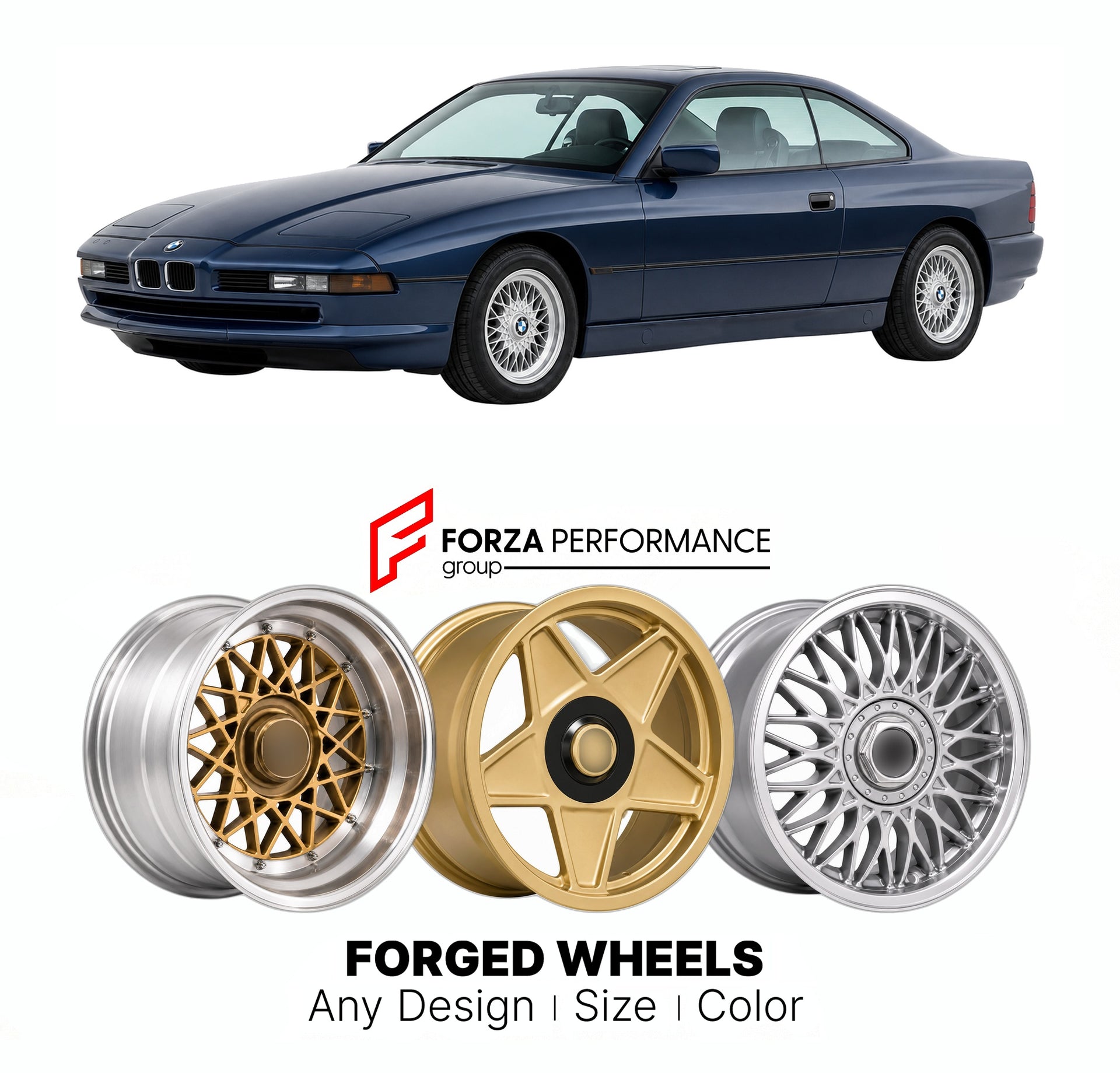CUSTOM CLASSIC VINTAGE RESTOMOD RETRO OLD SCHOOL FORGED WHEELS RIMS for BMW 8 SERIES E31 850I 850CI 1989 - 1999

Custom forged wheels for BMW 8 Series E31 850i 850Ci 1989 - 1999. Classic, vintage, restomod wheel designs made to order in custom sizes, offsets, colors and finishes.

We manufacture premium quality forged wheels rims for BMW 8 Series E31 850i 850Ci 1989 - 1999 in any design, size, color.

THIS WHEEL DESIGN CAN BE CUSTOM-MADE FOR YOUR CAR IN ANY SIZE AND COLOR OPTIONS
Available in monoblock, 2-p