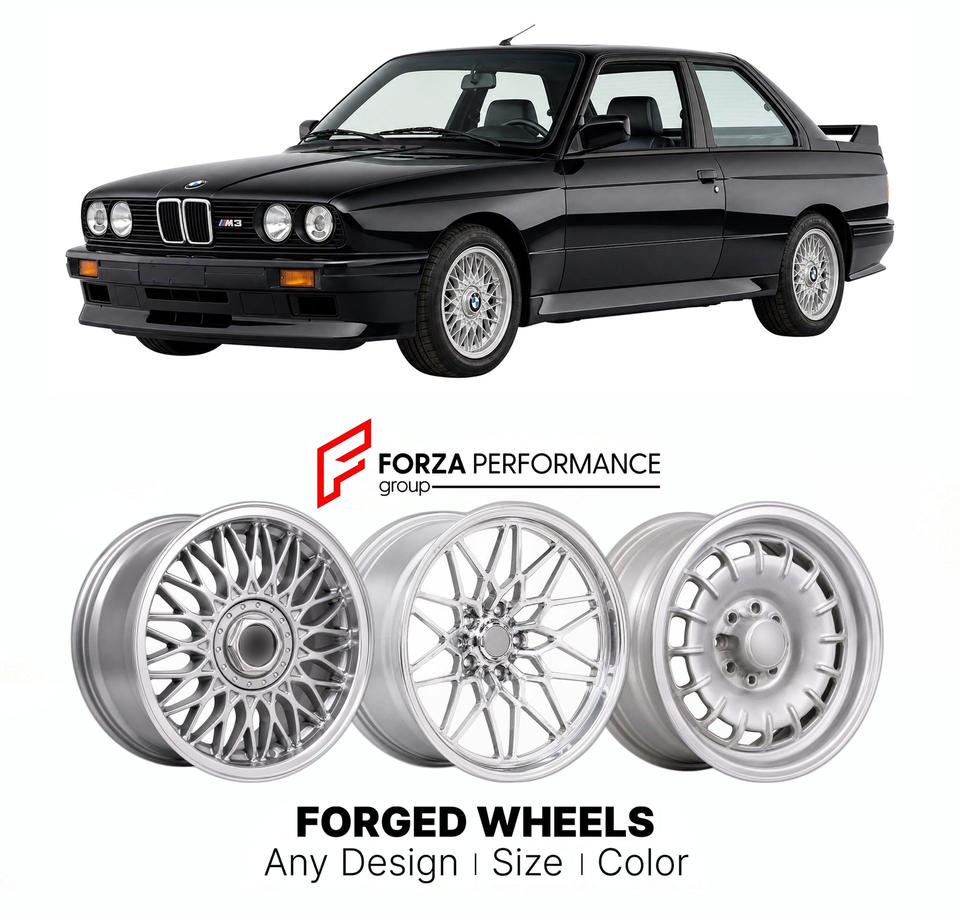 CUSTOM CLASSIC VINTAGE RESTOMOD RETRO OLD SCHOOL FORGED WHEELS RIMS for BMW E30 M3 1986 - 1991

Custom forged wheels for BMW E30 M3 1986 - 1991. Classic, vintage, restomod wheel designs made to order in custom sizes, offsets, colors and finishes.

We manufacture premium quality forged wheels rims for BMW E30 M3 1986 - 1991 in any design, size, color.

THIS WHEEL DESIGN CAN BE CUSTOM-MADE FOR YOUR CAR IN ANY SIZE AND COLOR OPTIONS
Available in monoblock, 2-piece, 3-piece, duoblock, beadlock
3D wheel renderin