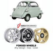 CUSTOM CLASSIC VINTAGE RESTOMOD RETRO OLD SCHOOL FORGED WHEELS RIMS for BMW ISETTA 250 300 1955 - 1962

Custom forged wheels for BMW Isetta 250 300 1955 - 1962. Classic, vintage, restomod wheel designs made to order in custom sizes, offsets, colors and finishes.

We manufacture premium quality forged wheels rims for BMW Isetta 250 300 1955 - 1962 in any design, size, color.

THIS WHEEL DESIGN CAN BE CUSTOM-MADE FOR YOUR CAR IN ANY SIZE AND COLOR OPTIONS
Available in monoblock, 2-piece, 3-piece, duoblock, be