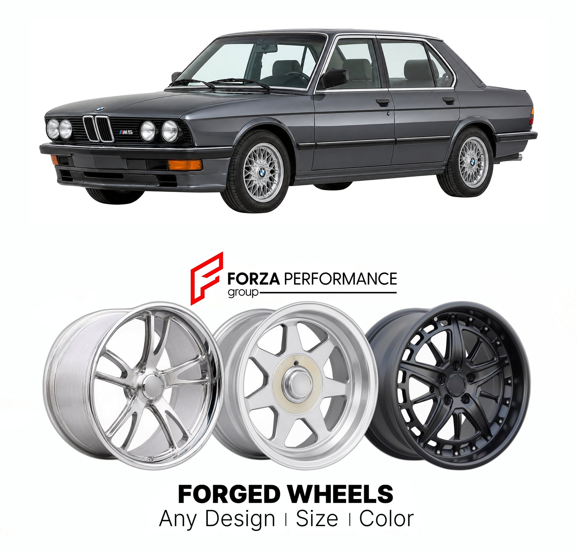 CUSTOM CLASSIC VINTAGE RESTOMOD RETRO OLD SCHOOL FORGED WHEELS RIMS for BMW M5 E28 1984 - 1988

Custom forged wheels for BMW M5 E28 1984 - 1988. Classic, vintage, restomod wheel designs made to order in custom sizes, offsets, colors and finishes.

We manufacture premium quality forged wheels rims for BMW M5 E28 1984 - 1988 in any design, size, color.

THIS WHEEL DESIGN CAN BE CUSTOM-MADE FOR YOUR CAR IN ANY SIZE AND COLOR OPTIONS
Available in monoblock, 2-piece, 3-piece, duoblock, beadlock
3D wheel renderin