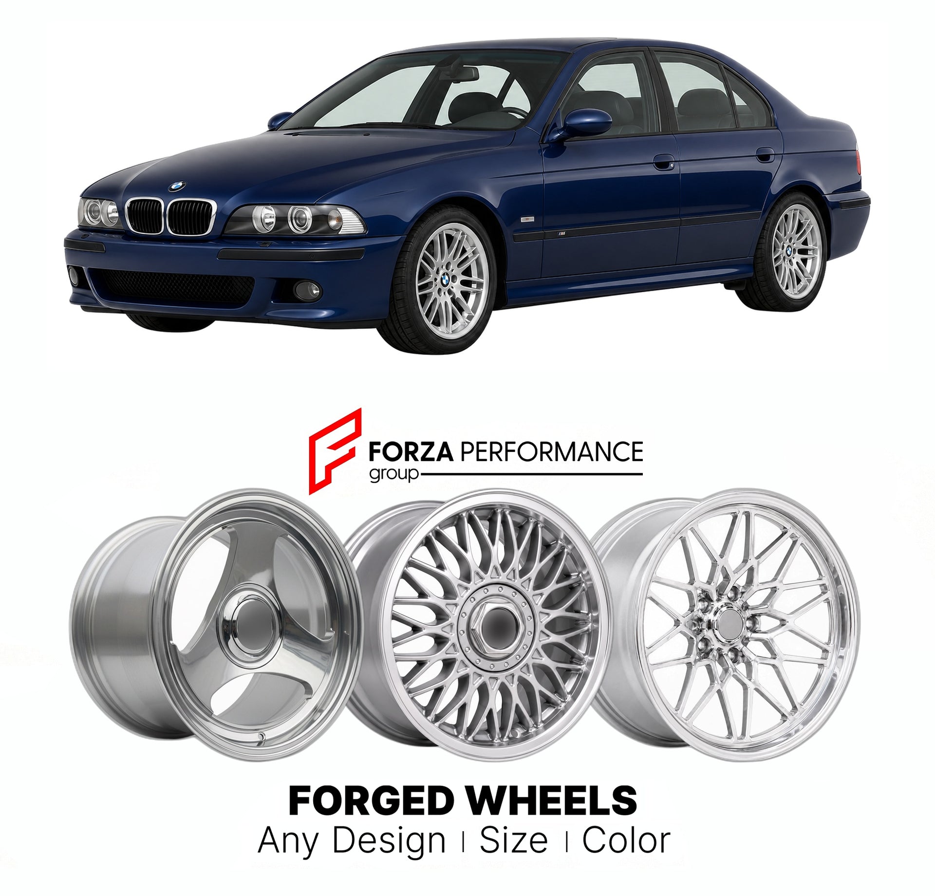 CUSTOM CLASSIC VINTAGE RESTOMOD RETRO OLD SCHOOL FORGED WHEELS RIMS for BMW M5 E39 1998 - 2003

Custom forged wheels for BMW M5 E39 1998 - 2003. Classic, vintage, restomod wheel designs made to order in custom sizes, offsets, colors and finishes.

We manufacture premium quality forged wheels rims for BMW M5 E39 1998 - 2003 in any design, size, color.

THIS WHEEL DESIGN CAN BE CUSTOM-MADE FOR YOUR CAR IN ANY SIZE AND COLOR OPTIONS
Available in monoblock, 2-piece, 3-piece, duoblock, beadlock
3D wheel renderin