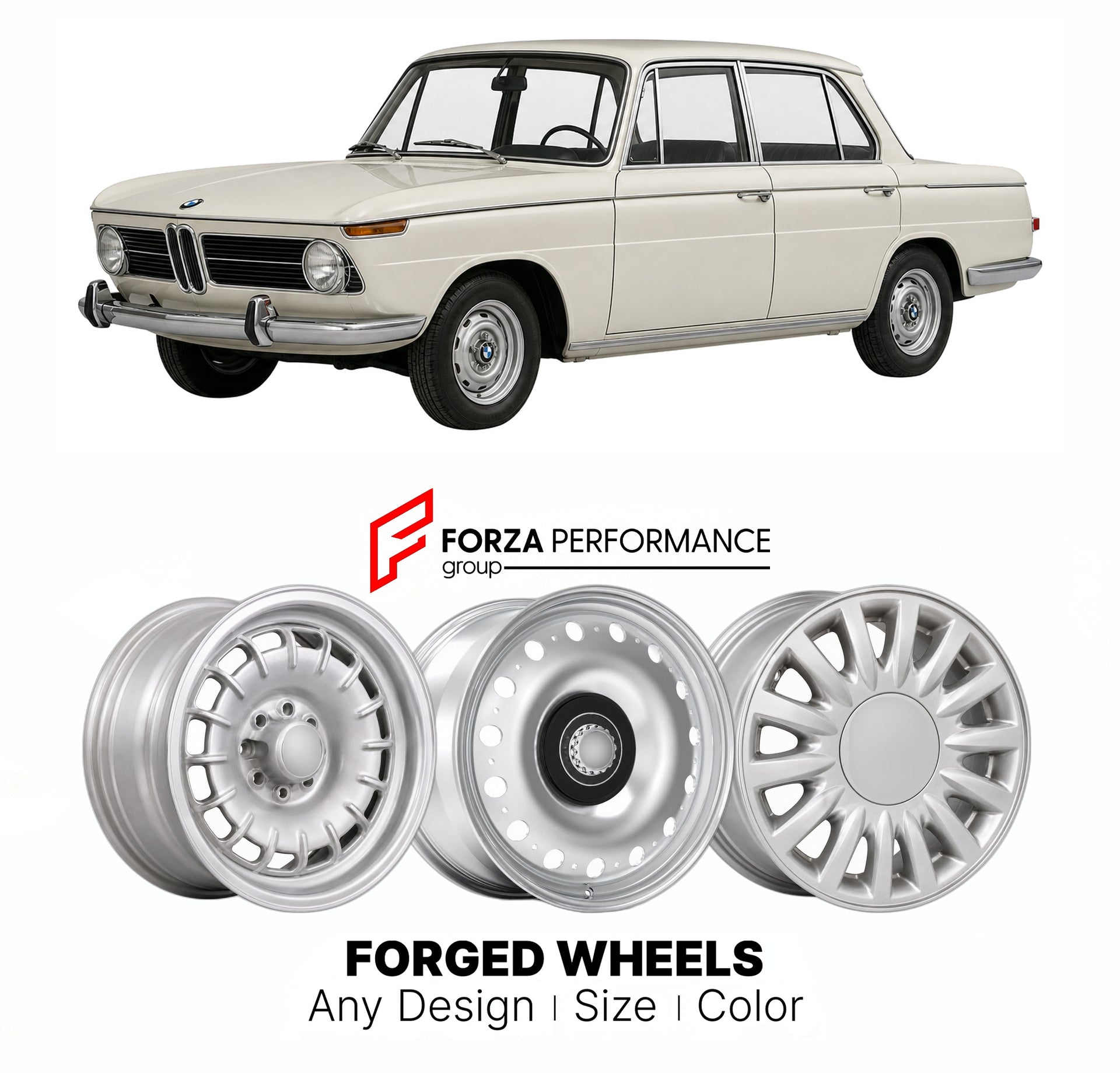 CUSTOM CLASSIC VINTAGE RESTOMOD RETRO OLD SCHOOL FORGED WHEELS RIMS for BMW NEUE KLASSE 1500 1962 - 1966

Custom forged wheels for BMW Neue Klasse 1500 1962 - 1966. Classic, vintage, restomod wheel designs made to order in custom sizes, offsets, colors and finishes.

We manufacture premium quality forged wheels rims for BMW Neue Klasse 1500 1962 - 1966 in any design, size, color.

THIS WHEEL DESIGN CAN BE CUSTOM-MADE FOR YOUR CAR IN ANY SIZE AND COLOR OPTIONS
Available in monoblock, 2-piece, 3-piece, duoblo
