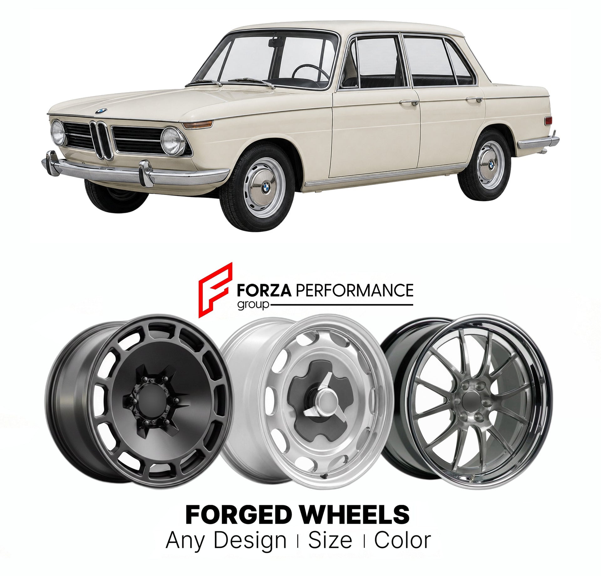 CUSTOM CLASSIC VINTAGE RESTOMOD RETRO OLD SCHOOL FORGED WHEELS RIMS for BMW NEUE KLASSE 1600 1964 - 1966

Custom forged wheels for BMW Neue Klasse 1600 1964 - 1966. Classic, vintage, restomod wheel designs made to order in custom sizes, offsets, colors and finishes.

We manufacture premium quality forged wheels rims for BMW Neue Klasse 1600 1964 - 1966 in any design, size, color.

THIS WHEEL DESIGN CAN BE CUSTOM-MADE FOR YOUR CAR IN ANY SIZE AND COLOR OPTIONS
Available in monoblock, 2-piece, 3-piece, duoblo