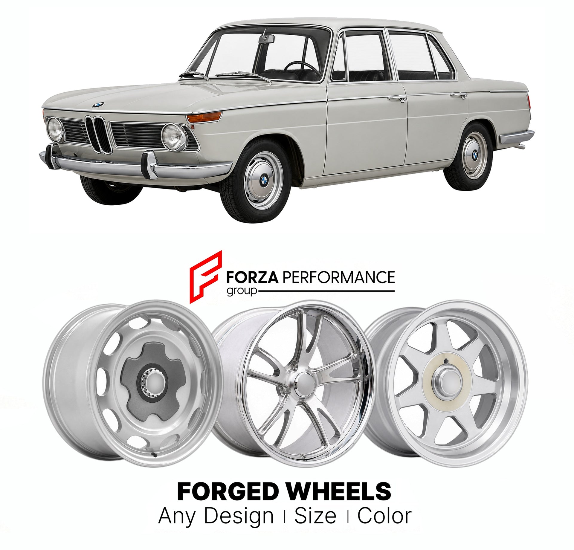 CUSTOM CLASSIC VINTAGE RESTOMOD RETRO OLD SCHOOL FORGED WHEELS RIMS for BMW NEUE KLASSE 1800 1963 - 1971

Custom forged wheels for BMW Neue Klasse 1800 1963 - 1971. Classic, vintage, restomod wheel designs made to order in custom sizes, offsets, colors and finishes.

We manufacture premium quality forged wheels rims for BMW Neue Klasse 1800 1963 - 1971 in any design, size, color.

THIS WHEEL DESIGN CAN BE CUSTOM-MADE FOR YOUR CAR IN ANY SIZE AND COLOR OPTIONS
Available in monoblock, 2-piece, 3-piece, duoblo