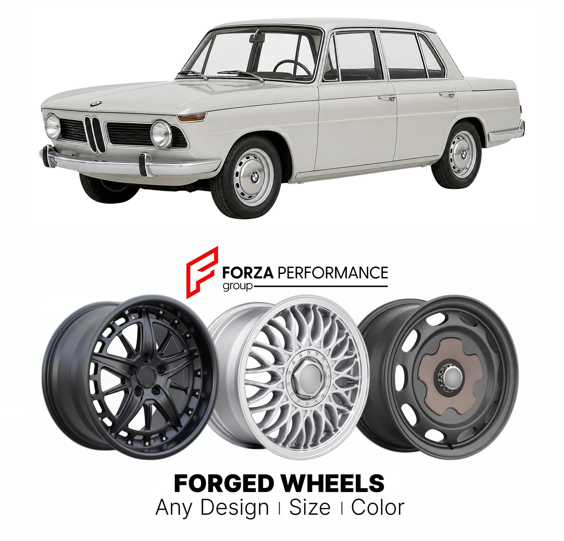 CUSTOM CLASSIC VINTAGE RESTOMOD RETRO OLD SCHOOL FORGED WHEELS RIMS for BMW NEUE KLASSE 1800 TI TISA 1964 - 1966

Custom forged wheels for BMW Neue Klasse 1800 TI TISA 1964 - 1966. Classic, vintage, restomod wheel designs made to order in custom sizes, offsets, colors and finishes.

We manufacture premium quality forged wheels rims for BMW Neue Klasse 1800 TI TISA 1964 - 1966 in any design, size, color.

THIS WHEEL DESIGN CAN BE CUSTOM-MADE FOR YOUR CAR IN ANY SIZE AND COLOR OPTIONS
Available in monoblock, 
