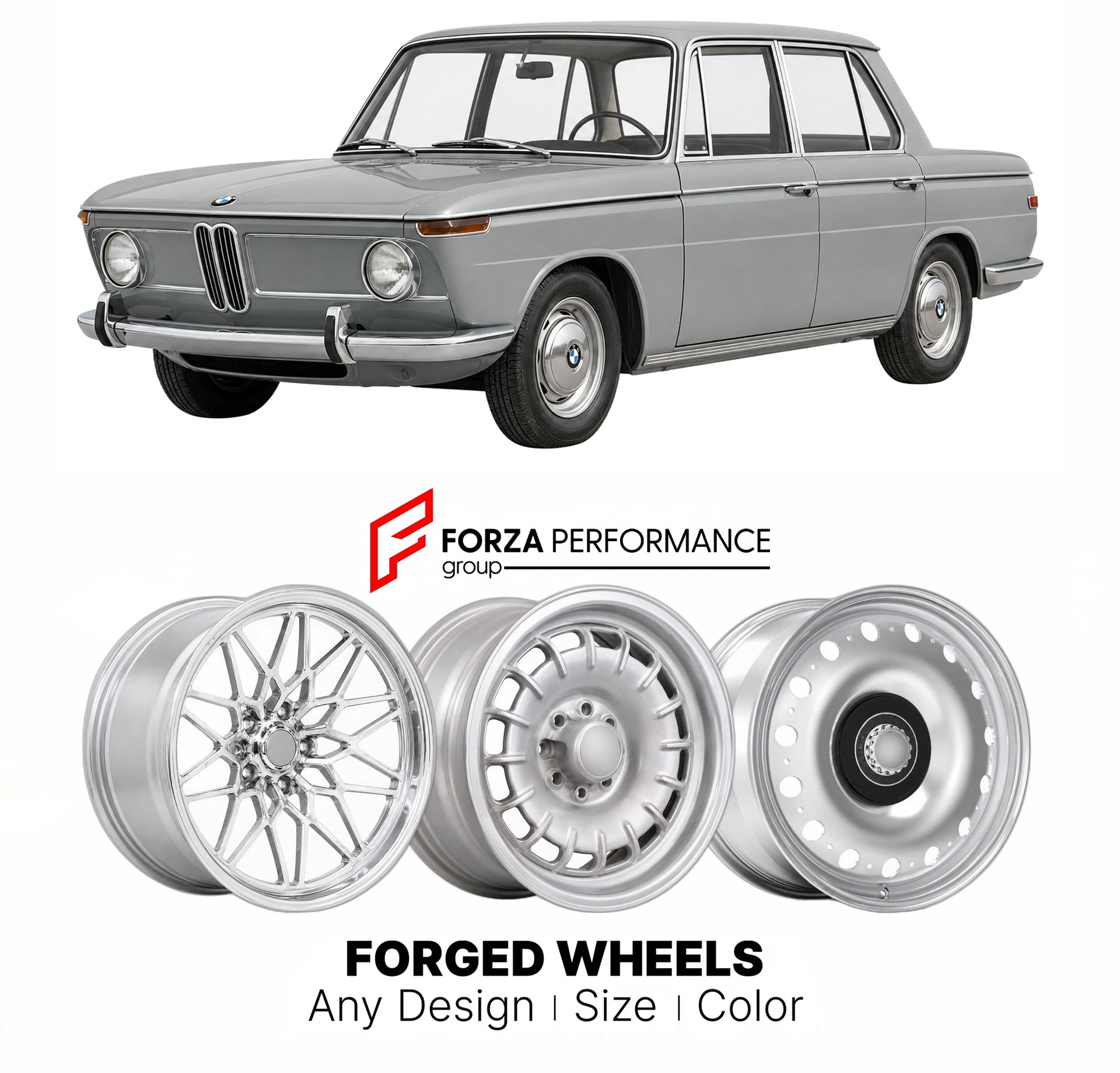 CUSTOM CLASSIC VINTAGE RESTOMOD RETRO OLD SCHOOL FORGED WHEELS RIMS for BMW NEW CLASS 1500 1800 2000 1962 - 1972

Custom forged wheels for BMW New Class 1500 1800 2000 1962 - 1972. Classic, vintage, restomod wheel designs made to order in custom sizes, offsets, colors and finishes.

We manufacture premium quality forged wheels rims for BMW New Class 1500 1800 2000 1962 - 1972 in any design, size, color.

THIS WHEEL DESIGN CAN BE CUSTOM-MADE FOR YOUR CAR IN ANY SIZE AND COLOR OPTIONS
Available in monoblock, 