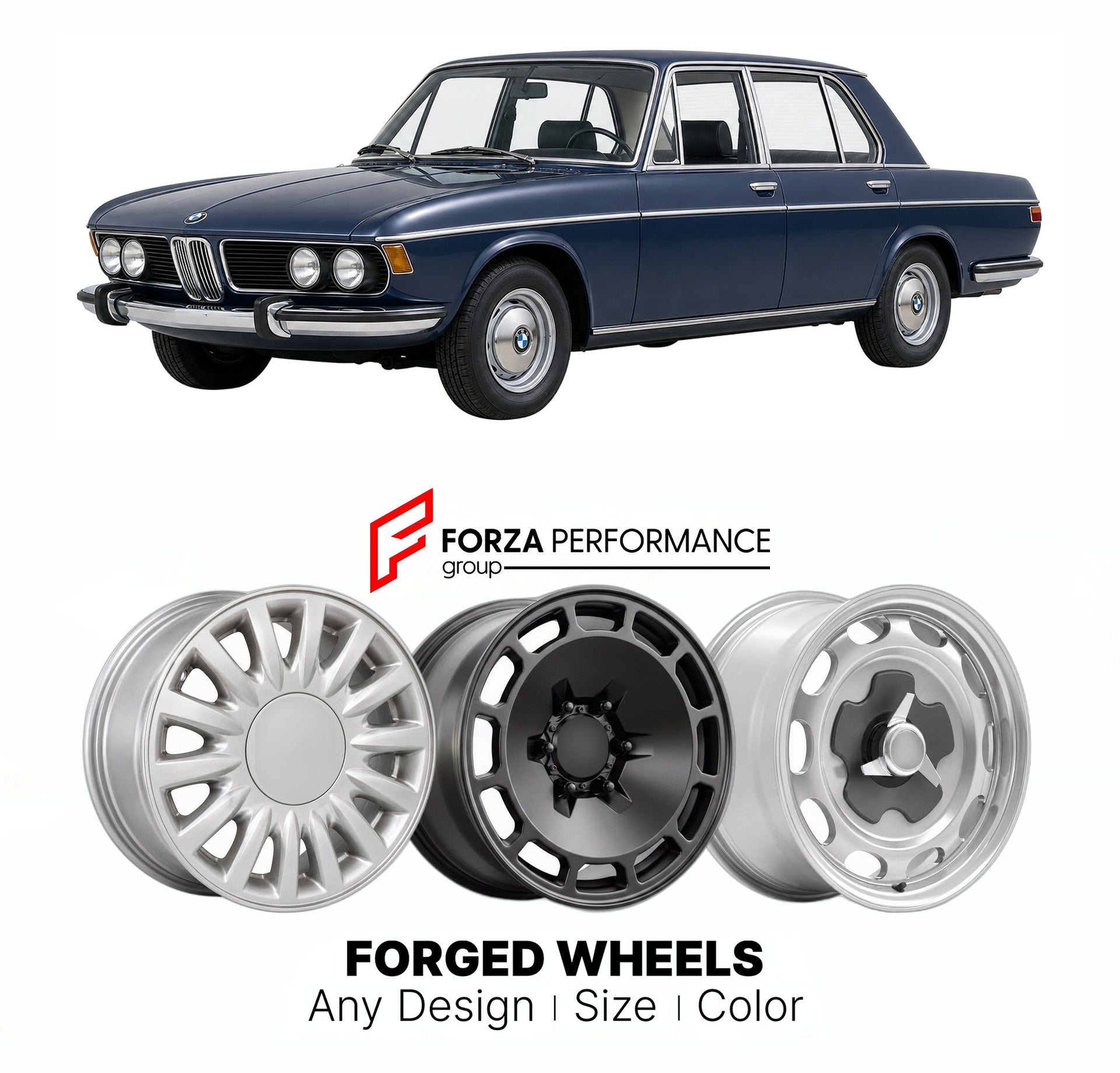 CUSTOM CLASSIC VINTAGE RESTOMOD RETRO OLD SCHOOL FORGED WHEELS RIMS for BMW NEW SIX E3 1968 - 1977

Custom forged wheels for BMW New Six E3 1968 - 1977. Classic, vintage, restomod wheel designs made to order in custom sizes, offsets, colors and finishes.

We manufacture premium quality forged wheels rims for BMW New Six E3 1968 - 1977 in any design, size, color.

THIS WHEEL DESIGN CAN BE CUSTOM-MADE FOR YOUR CAR IN ANY SIZE AND COLOR OPTIONS
Available in monoblock, 2-piece, 3-piece, duoblock, beadlock
3D wh