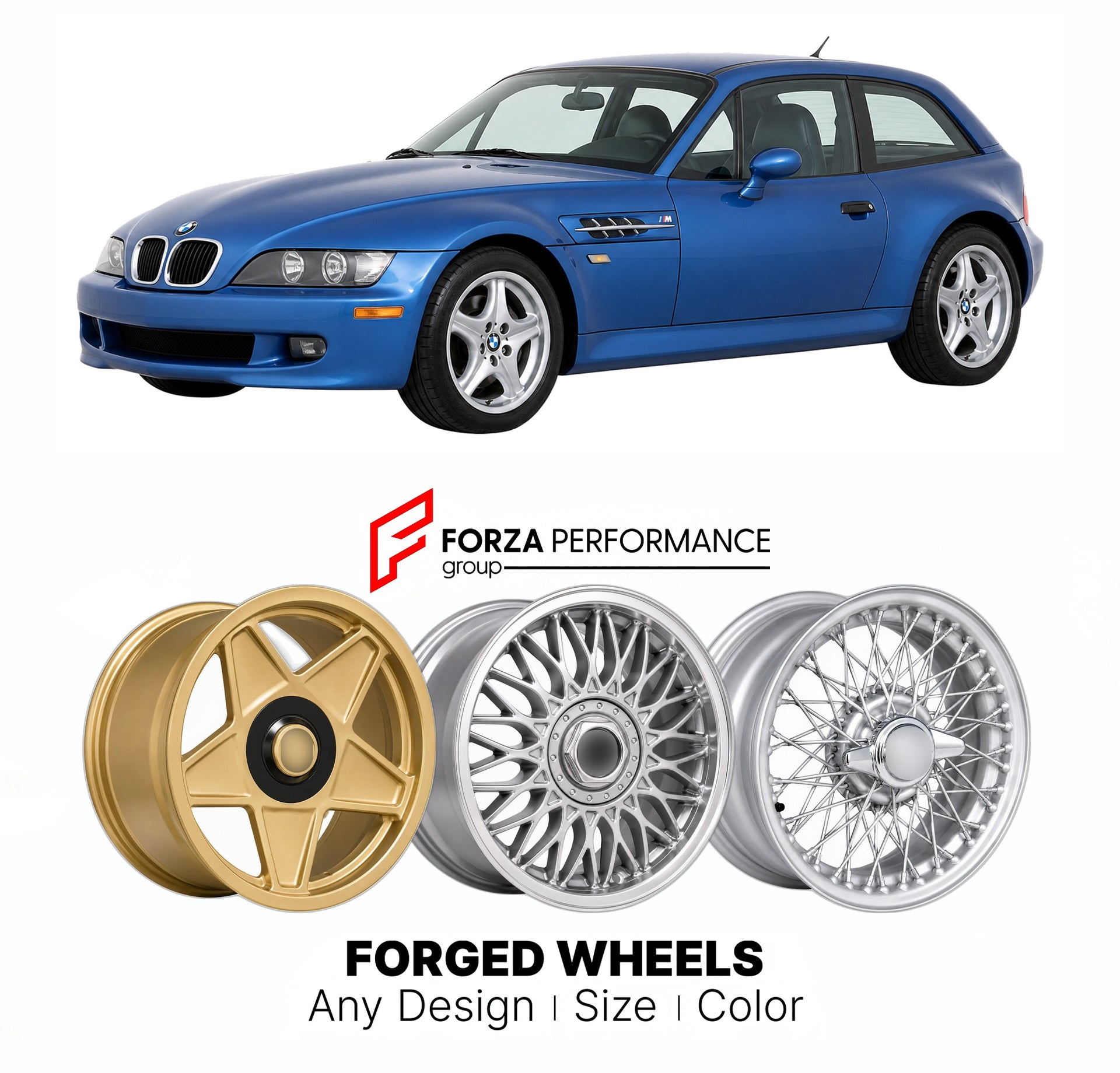 CUSTOM CLASSIC VINTAGE RESTOMOD RETRO OLD SCHOOL FORGED WHEELS RIMS for BMW Z SERIES Z3 COUPE 1998 - 2002

Custom forged wheels for BMW Z Series Z3 Coupe 1998 - 2002. Classic, vintage, restomod wheel designs made to order in custom sizes, offsets, colors and finishes.

We manufacture premium quality forged wheels rims for BMW Z Series Z3 Coupe 1998 - 2002 in any design, size, color.

THIS WHEEL DESIGN CAN BE CUSTOM-MADE FOR YOUR CAR IN ANY SIZE AND COLOR OPTIONS
Available in monoblock, 2-piece, 3-piece, duo