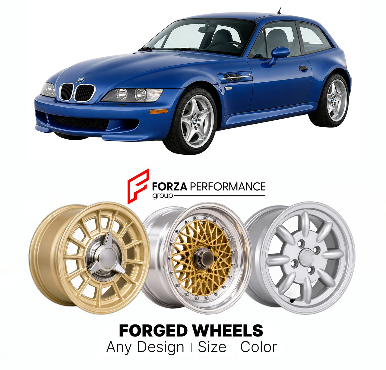 CUSTOM CLASSIC VINTAGE RESTOMOD RETRO OLD SCHOOL FORGED WHEELS RIMS for BMW Z SERIES Z3 M COUPE 1998 - 2002

Custom forged wheels for BMW Z Series Z3 M Coupe 1998 - 2002. Classic, vintage, restomod wheel designs made to order in custom sizes, offsets, colors and finishes.

We manufacture premium quality forged wheels rims for BMW Z Series Z3 M Coupe 1998 - 2002 in any design, size, color.

THIS WHEEL DESIGN CAN BE CUSTOM-MADE FOR YOUR CAR IN ANY SIZE AND COLOR OPTIONS
Available in monoblock, 2-piece, 3-piec
