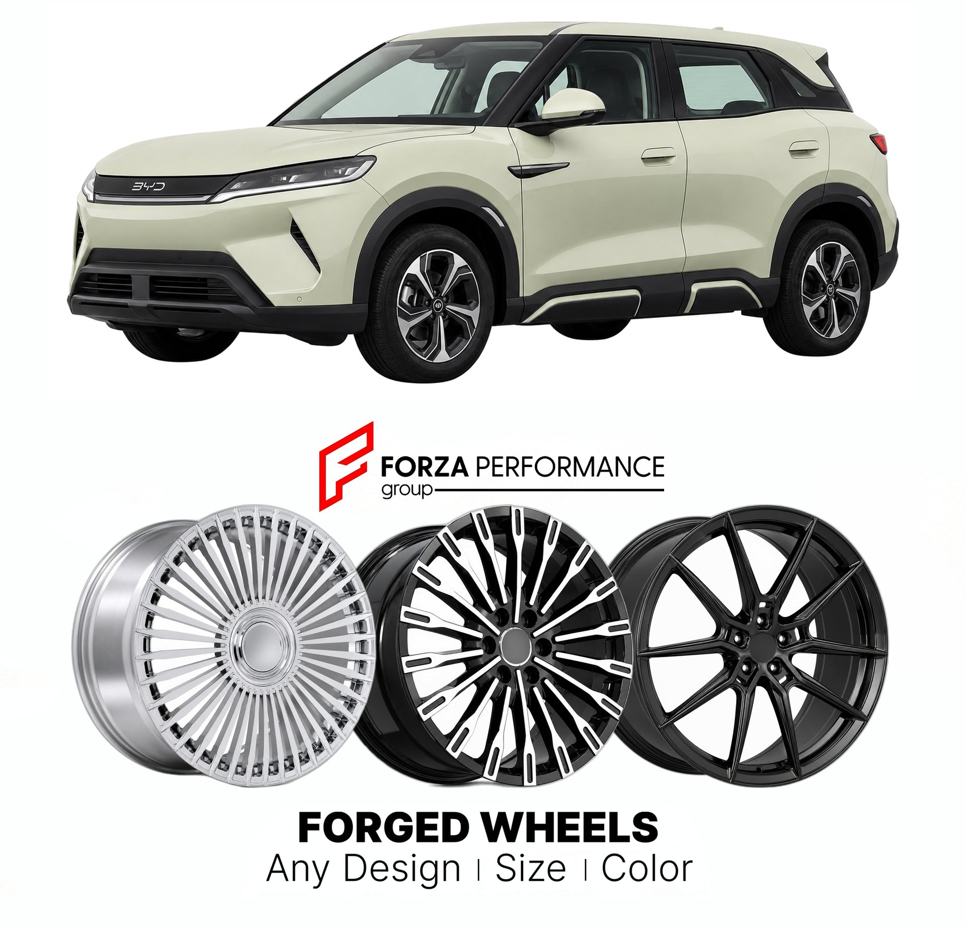 Custom forged wheels for BYD Atto 2 Yuan Up 2024+. Made-to-order monoblock, 2-piece and 3-piece wheels in custom sizes, offsets, colors and finishes with guaranteed vehicle fitment.

We manufacture premium quality forged wheels rims for BYD Atto 2 Yuan Up 2024+ in any design, size, color.

THIS WHEEL DESIGN CAN BE CUSTOM-MADE FOR YOUR CAR IN ANY SIZE AND COLOR OPTIONS
Available in monoblock, 2-piece, 3-piece, duoblock, beadlock
3D wheel renderings are provided according to the exact dimensions and specifica