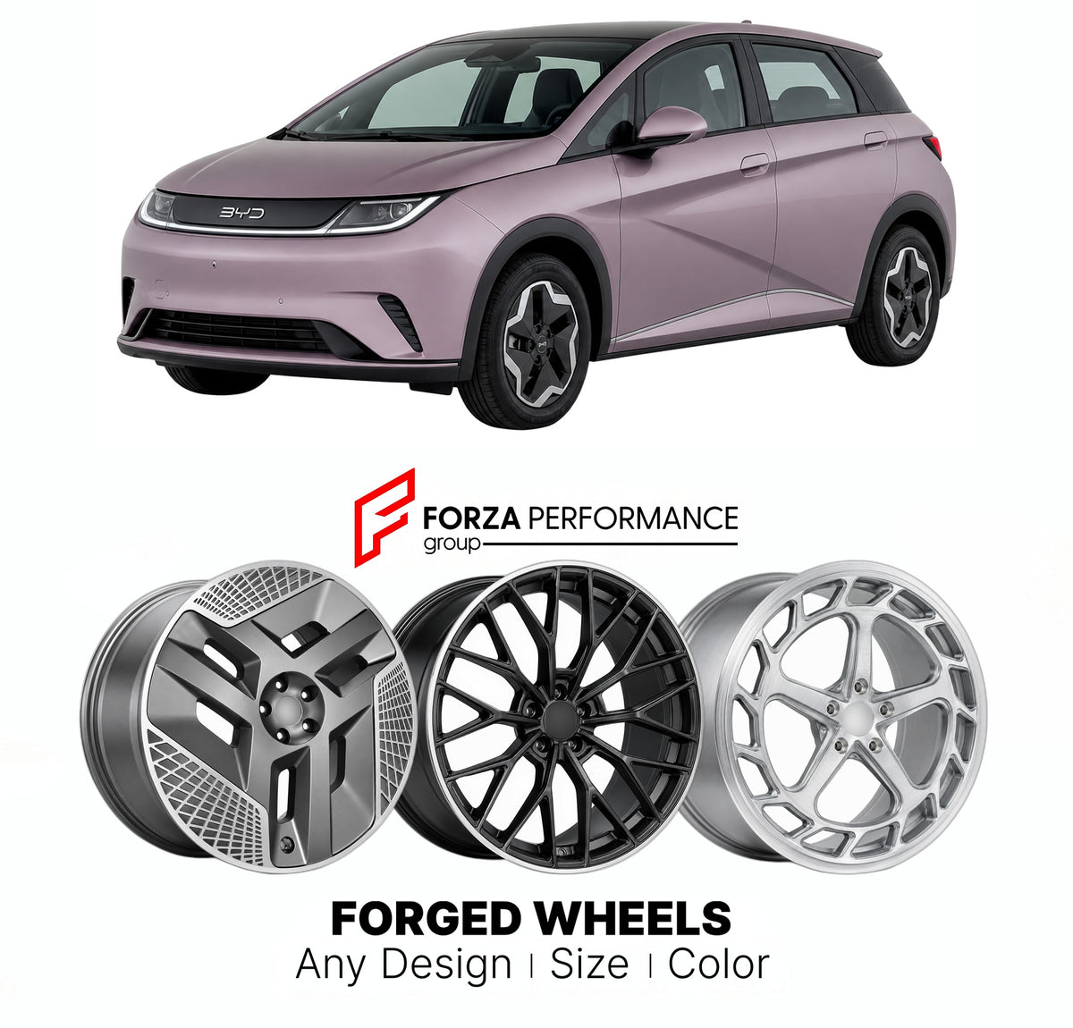 Custom forged wheels for BYD Dolphin 2021+. Made-to-order monoblock, 2-piece and 3-piece wheels in custom sizes, offsets, colors and finishes with guaranteed vehicle fitment.

We manufacture premium quality forged wheels rims for BYD Dolphin 2021+ in any design, size, color.

THIS WHEEL DESIGN CAN BE CUSTOM-MADE FOR YOUR CAR IN ANY SIZE AND COLOR OPTIONS
Available in monoblock, 2-piece, 3-piece, duoblock, beadlock
3D wheel renderings are provided according to the exact dimensions and specifications requeste