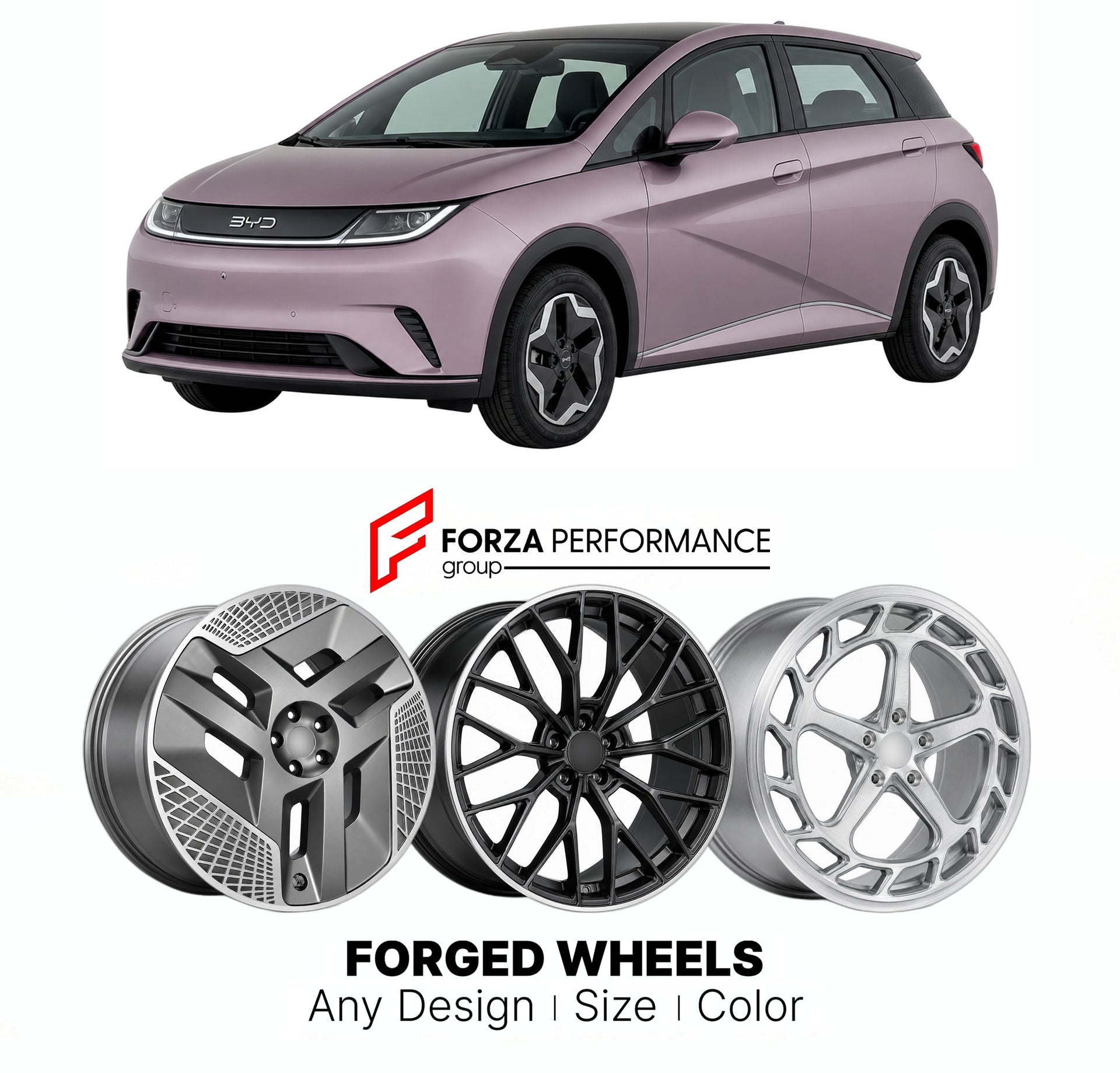 Custom forged wheels for BYD Dolphin 2021+. Made-to-order monoblock, 2-piece and 3-piece wheels in custom sizes, offsets, colors and finishes with guaranteed vehicle fitment.

We manufacture premium quality forged wheels rims for BYD Dolphin 2021+ in any design, size, color.

THIS WHEEL DESIGN CAN BE CUSTOM-MADE FOR YOUR CAR IN ANY SIZE AND COLOR OPTIONS
Available in monoblock, 2-piece, 3-piece, duoblock, beadlock
3D wheel renderings are provided according to the exact dimensions and specifications requeste